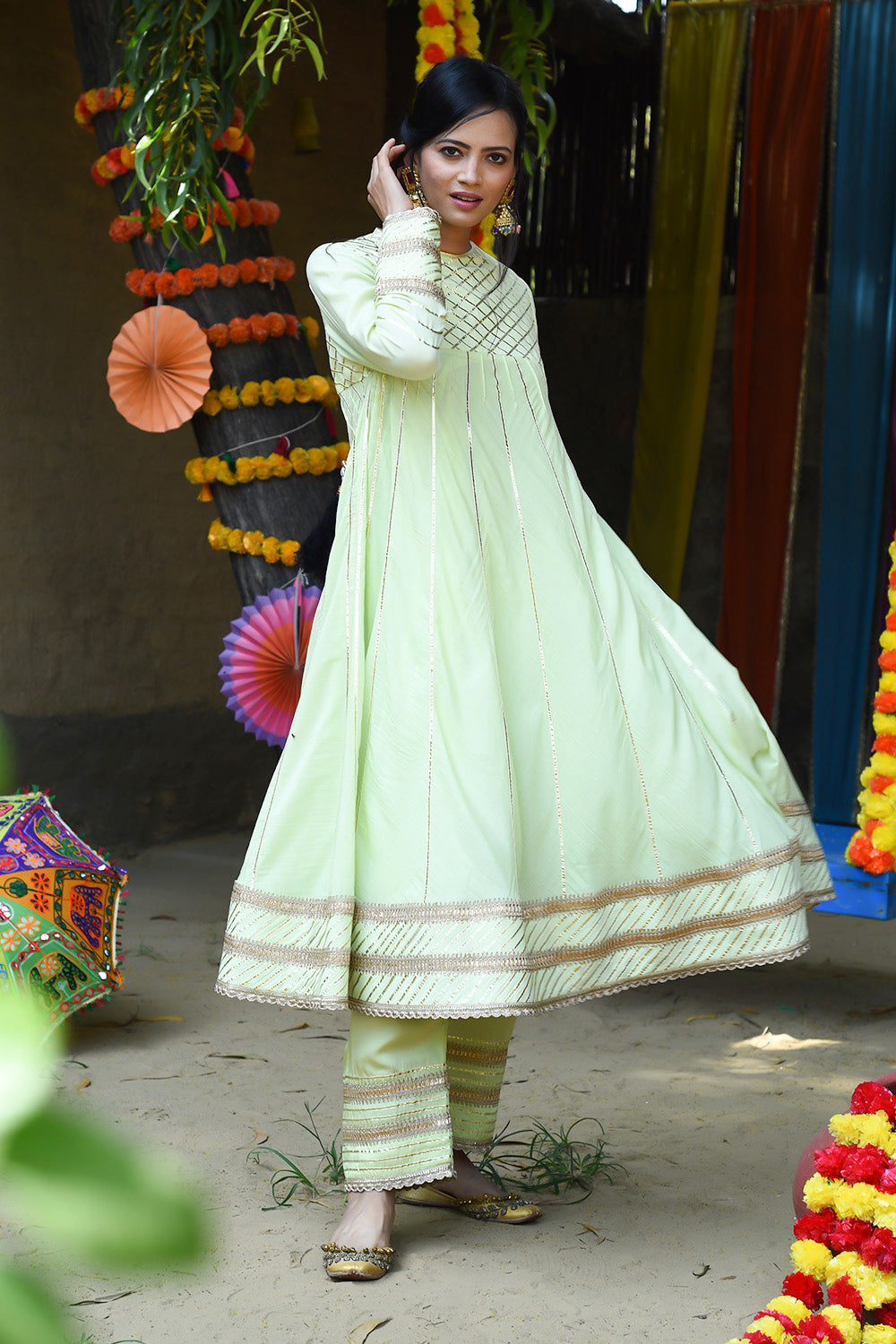 Green Kurta Mul Silk Embroidery Gota Angarkha And Farshi Pyjama Set