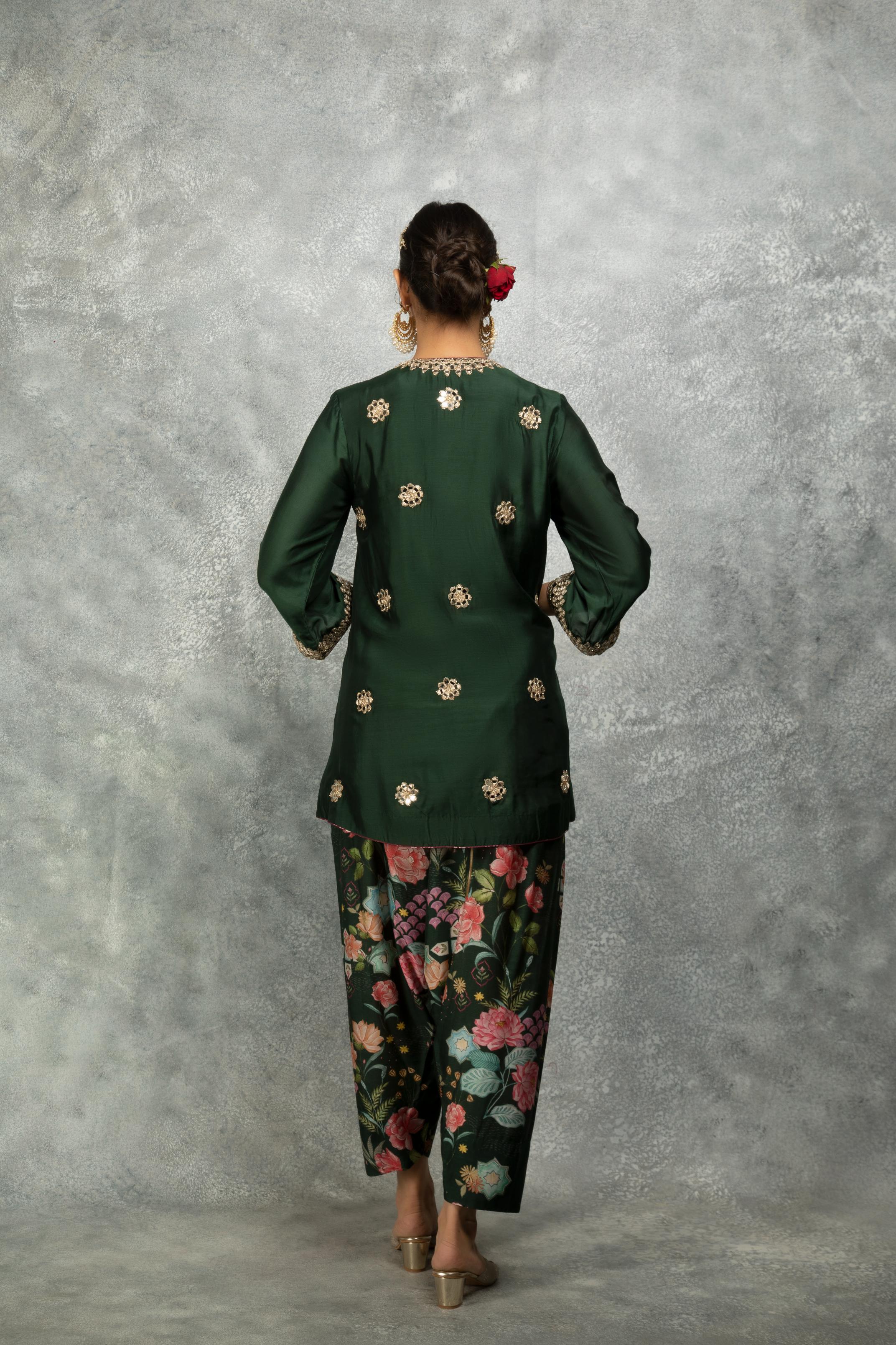Green Mirror Embroidered Angrakha with Printed Pants & Dupatta Set of 3