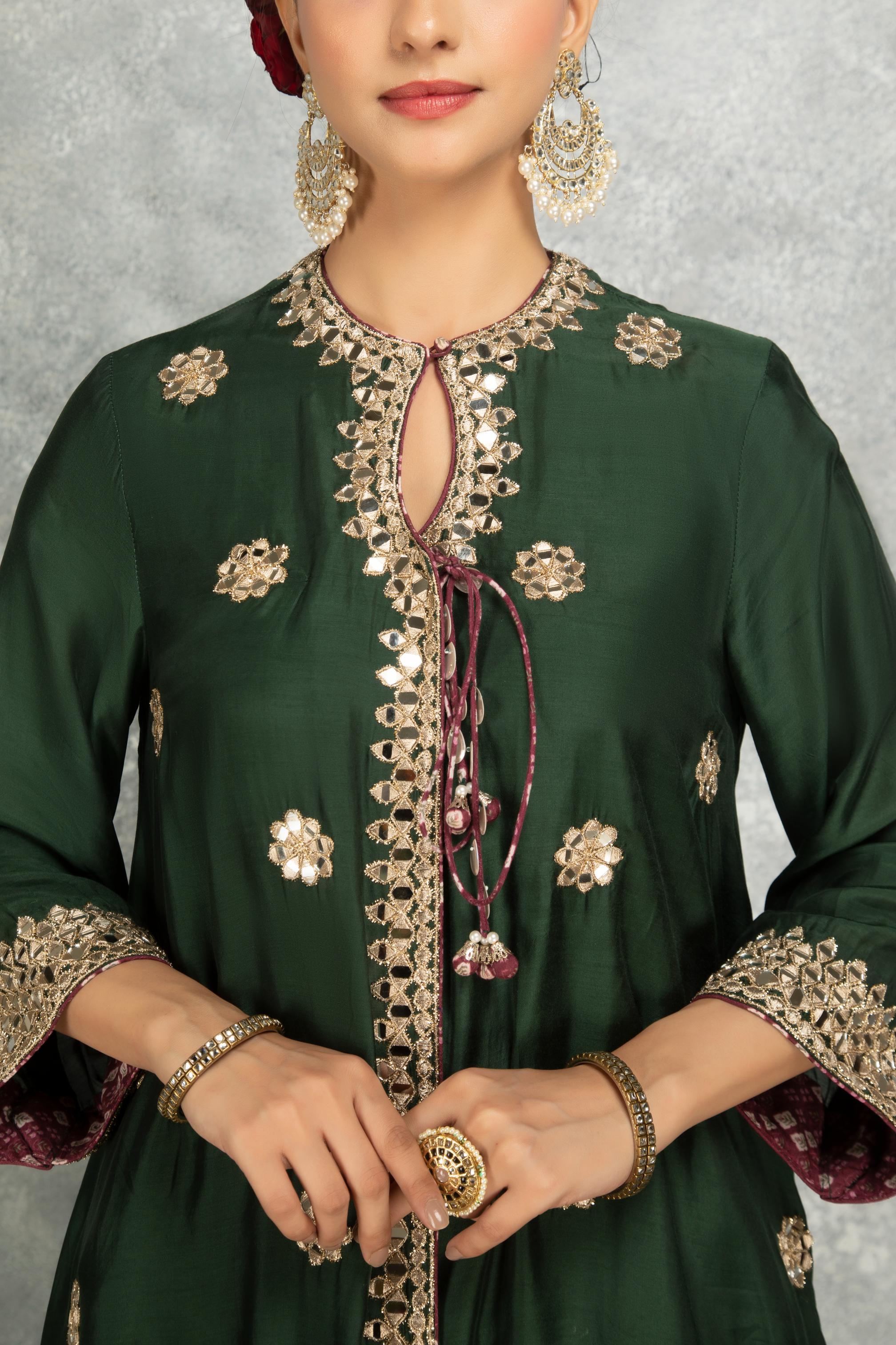 Green Mirror Embroidered Angrakha with Printed Pants & Dupatta Set of 3