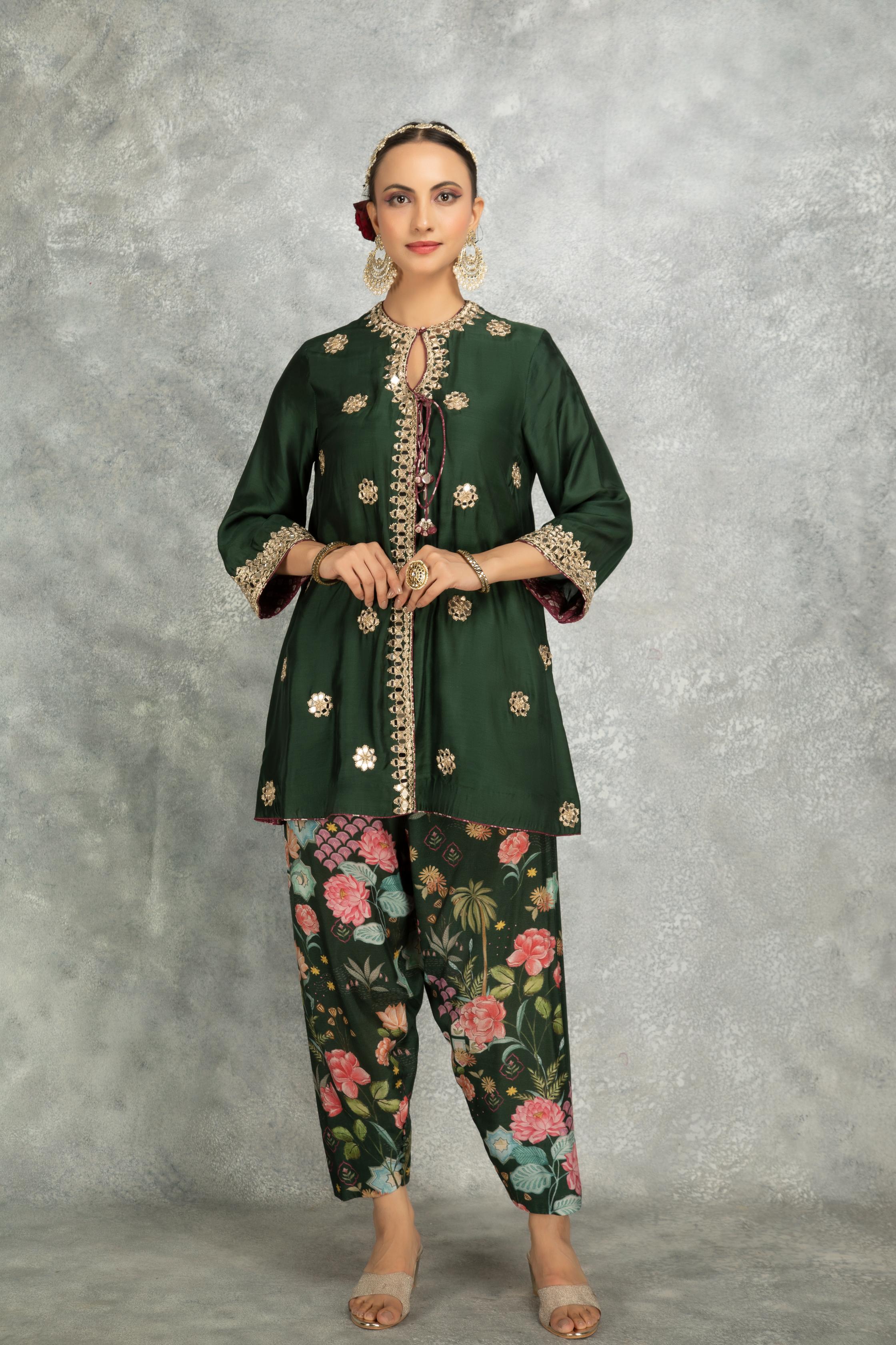 Green Mirror Embroidered Angrakha with Printed Pants & Dupatta Set of 3