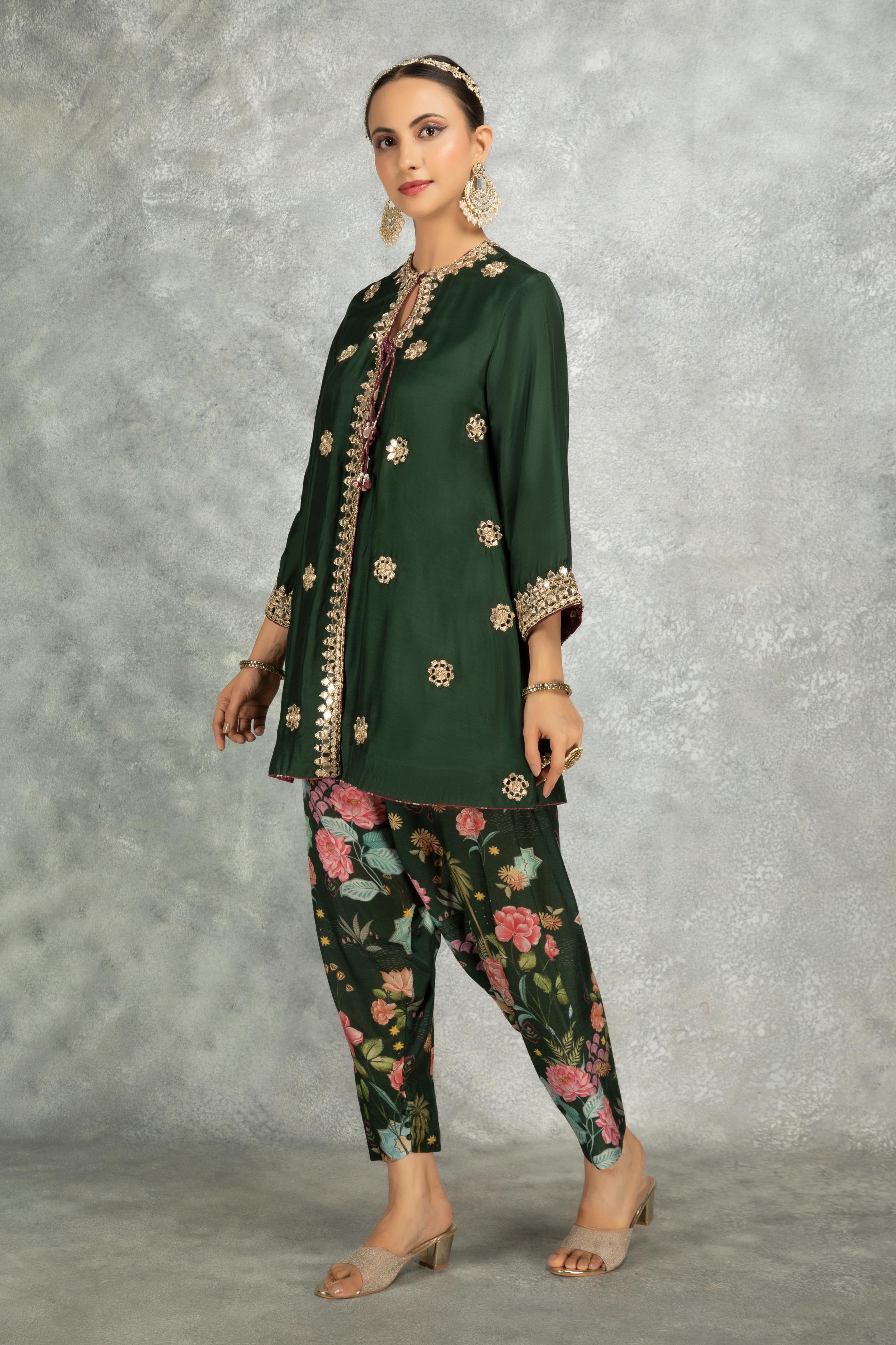 Green Mirror Embroidered Angrakha with Printed Pants & Dupatta Set of 3