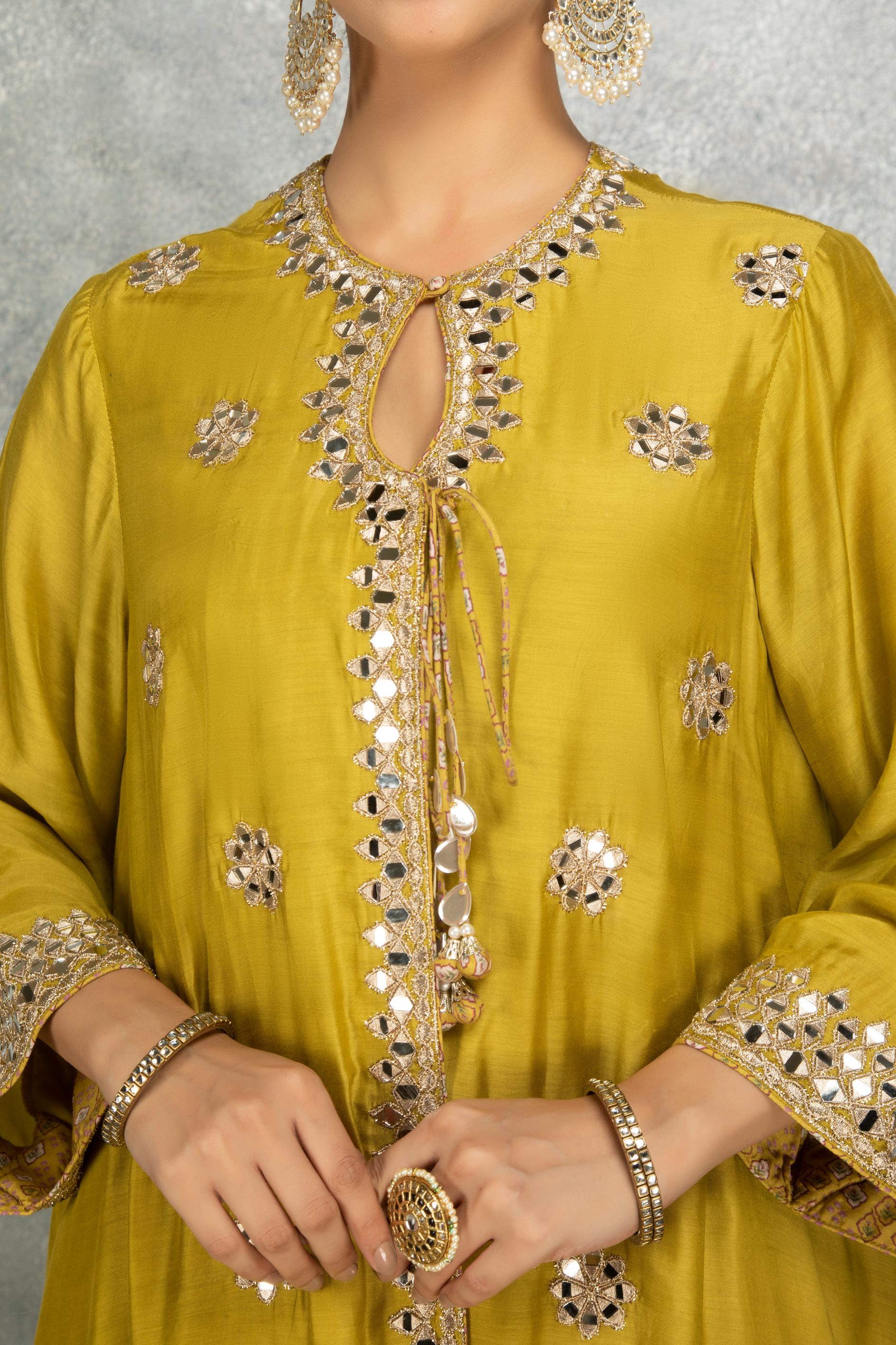 Mustard Green Mirror Embroidered Angrakha with Printed Pants & Dupatta Set of 3