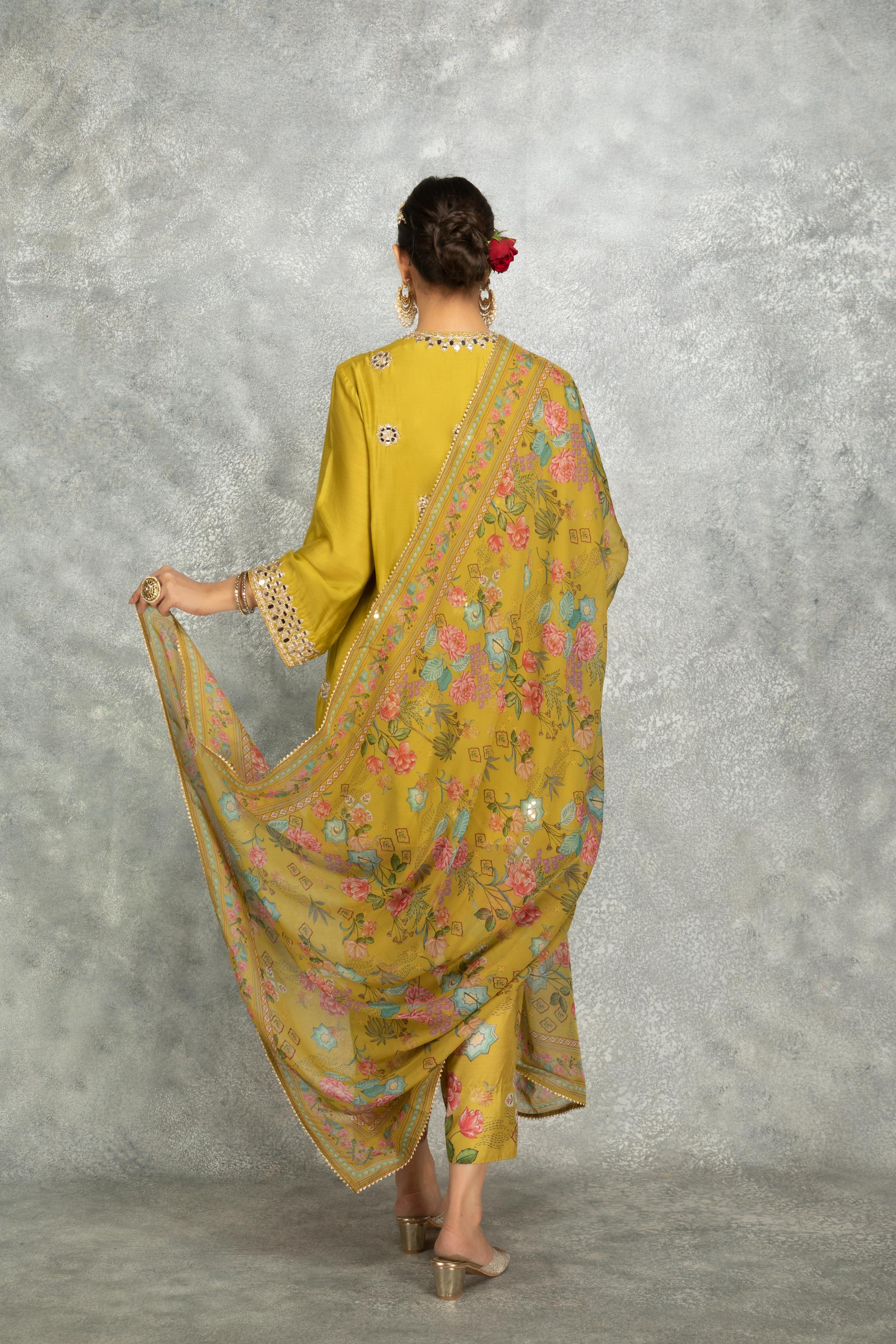 Mustard Green Mirror Embroidered Angrakha with Printed Pants & Dupatta Set of 3