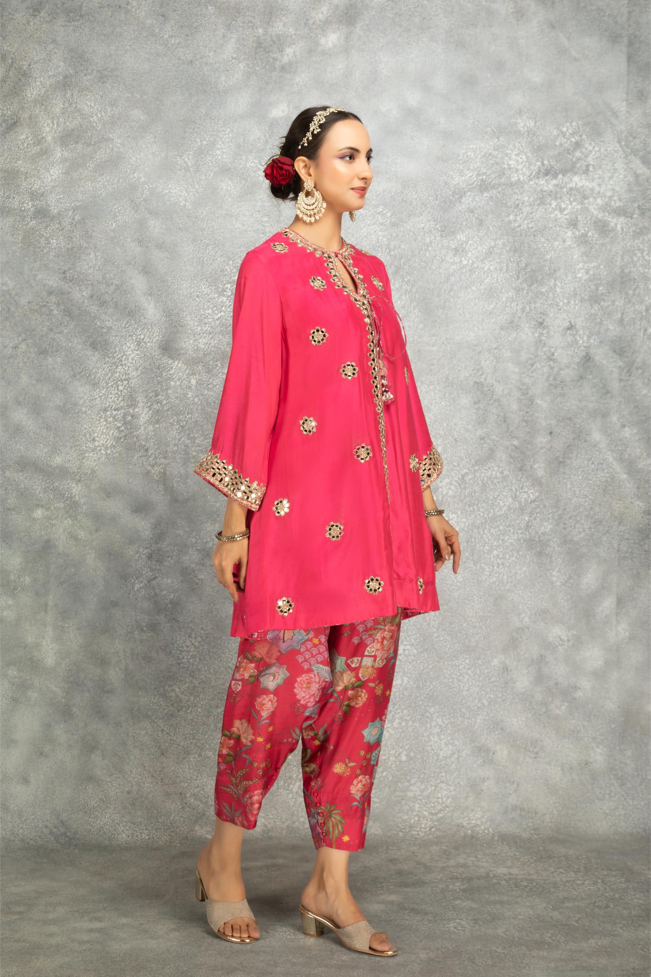 Hot Pink Mirror Embroidered Angrakha with Printed Pants & Dupatta Set of 3
