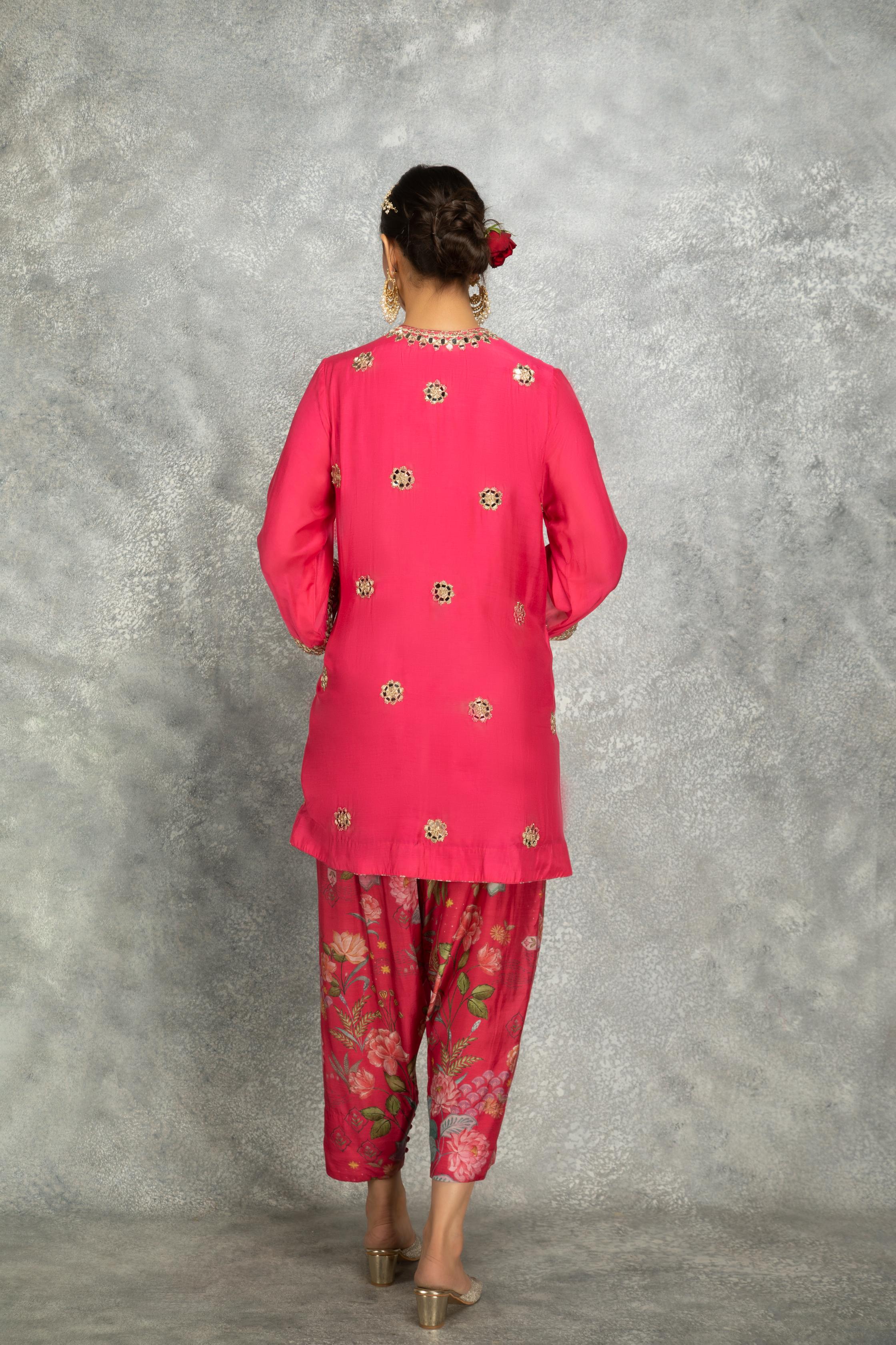 Hot Pink Mirror Embroidered Angrakha with Printed Pants & Dupatta Set of 3