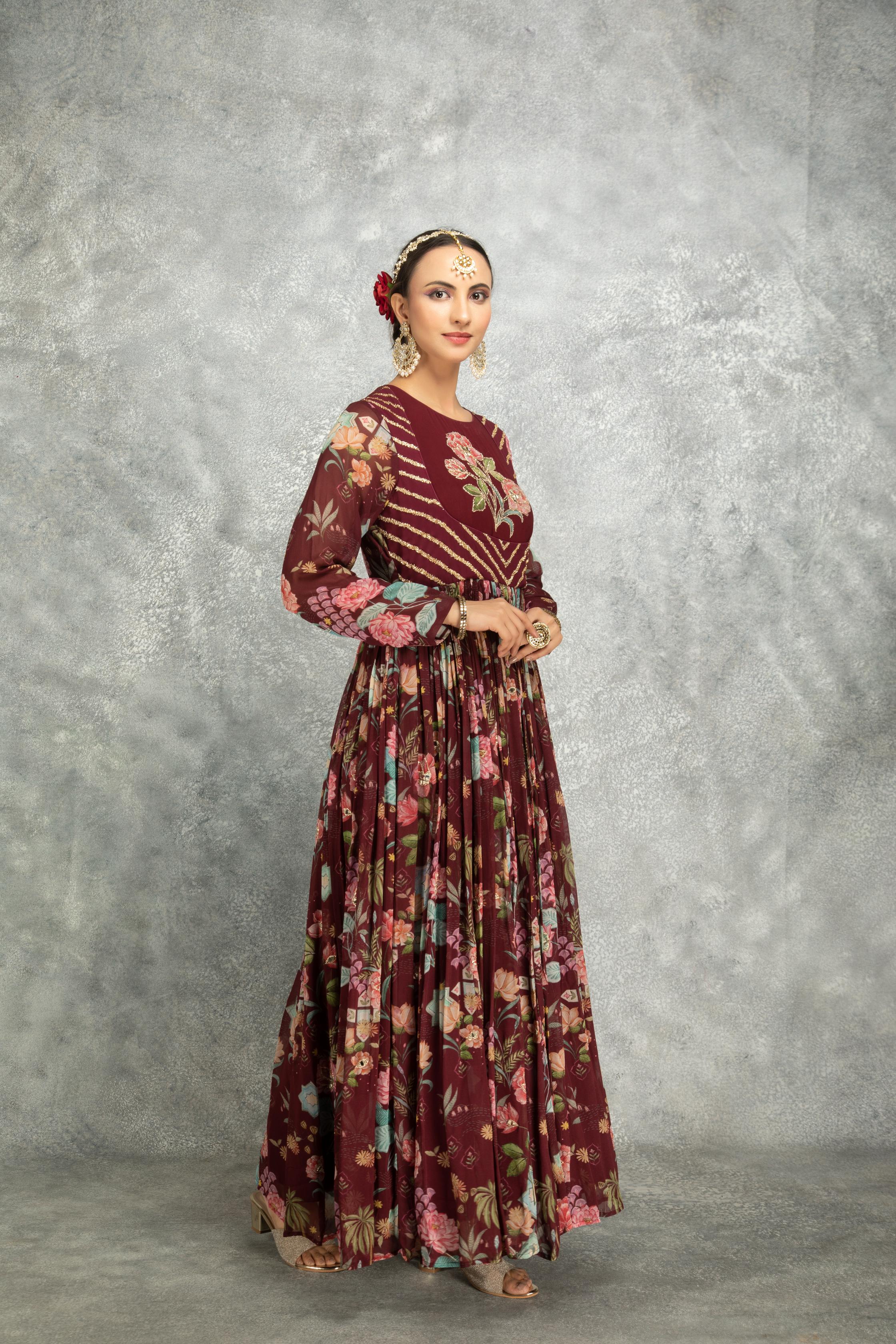 Old Wine Mirror Work Anarkali with Scalloping Dupatta Set of 3