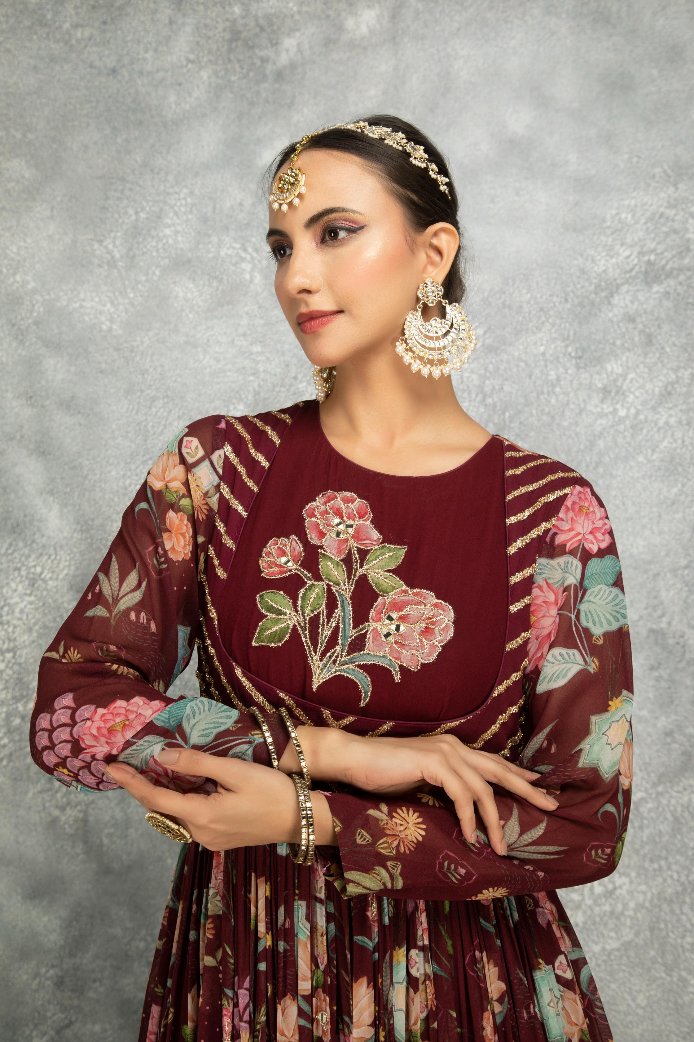 Old Wine Mirror Work Anarkali with Scalloping Dupatta Set of 3