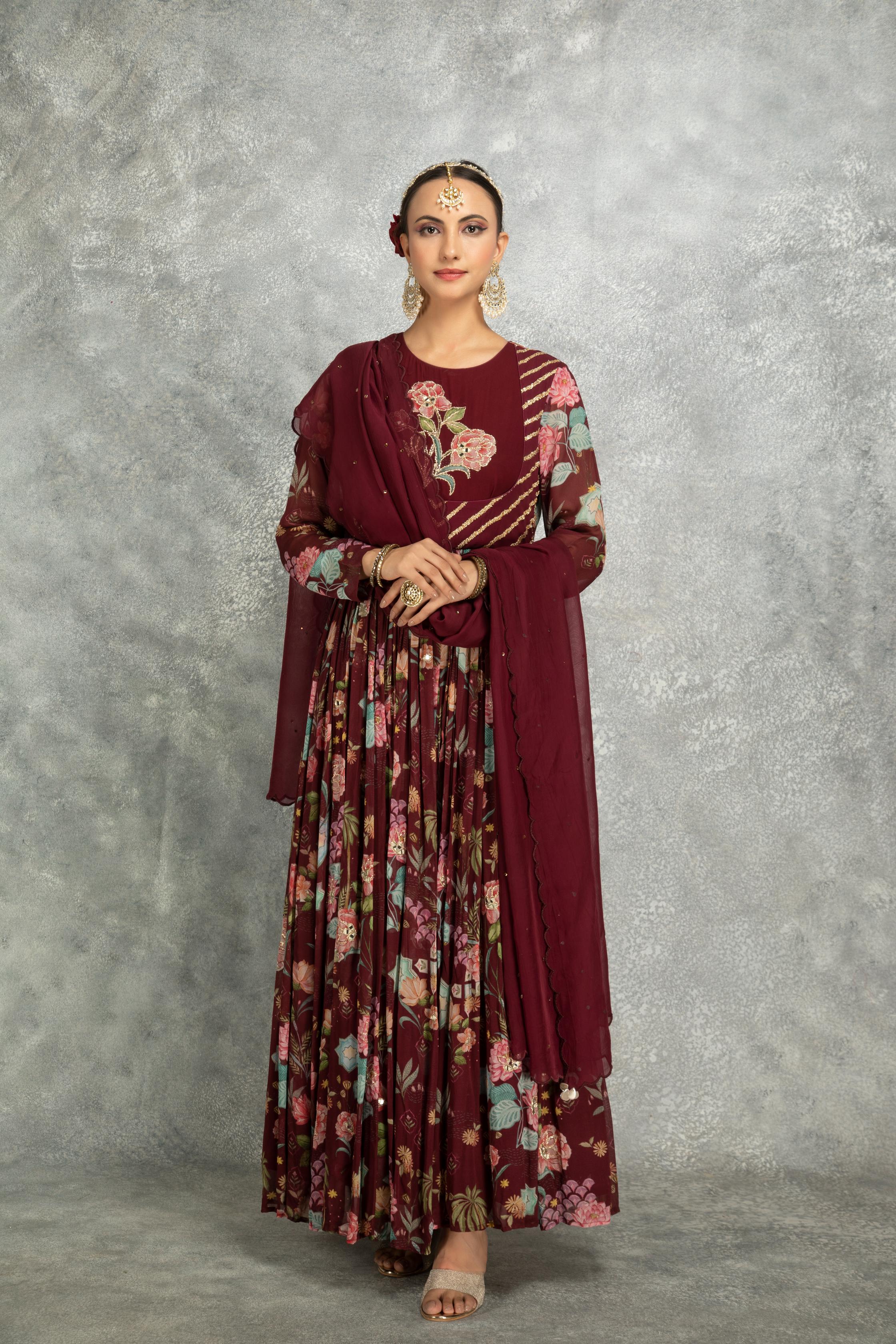 Old Wine Mirror Work Anarkali with Scalloping Dupatta Set of 3