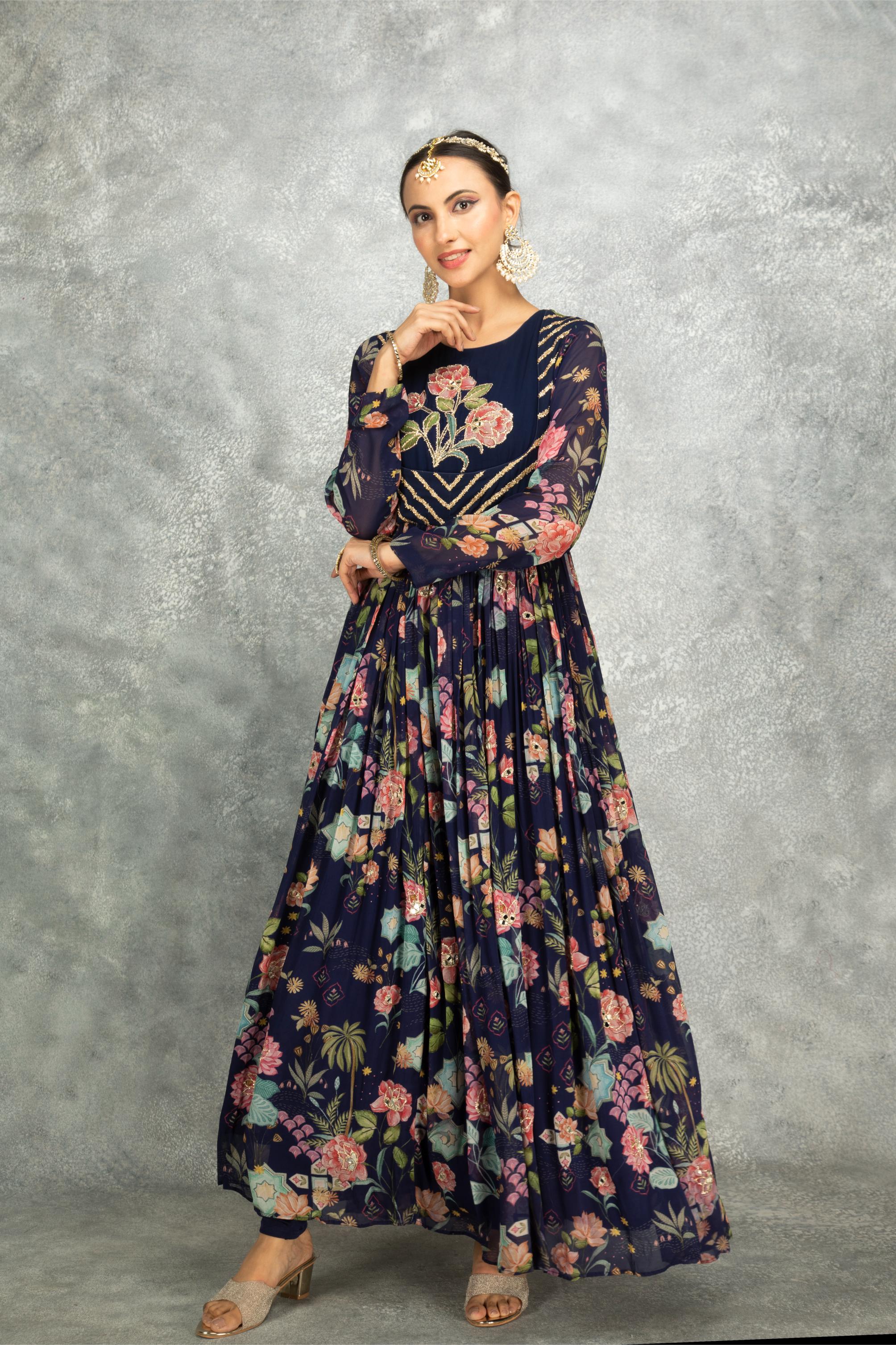 Blue Mirror Work Anarkali with Scalloping Dupatta Set of 3