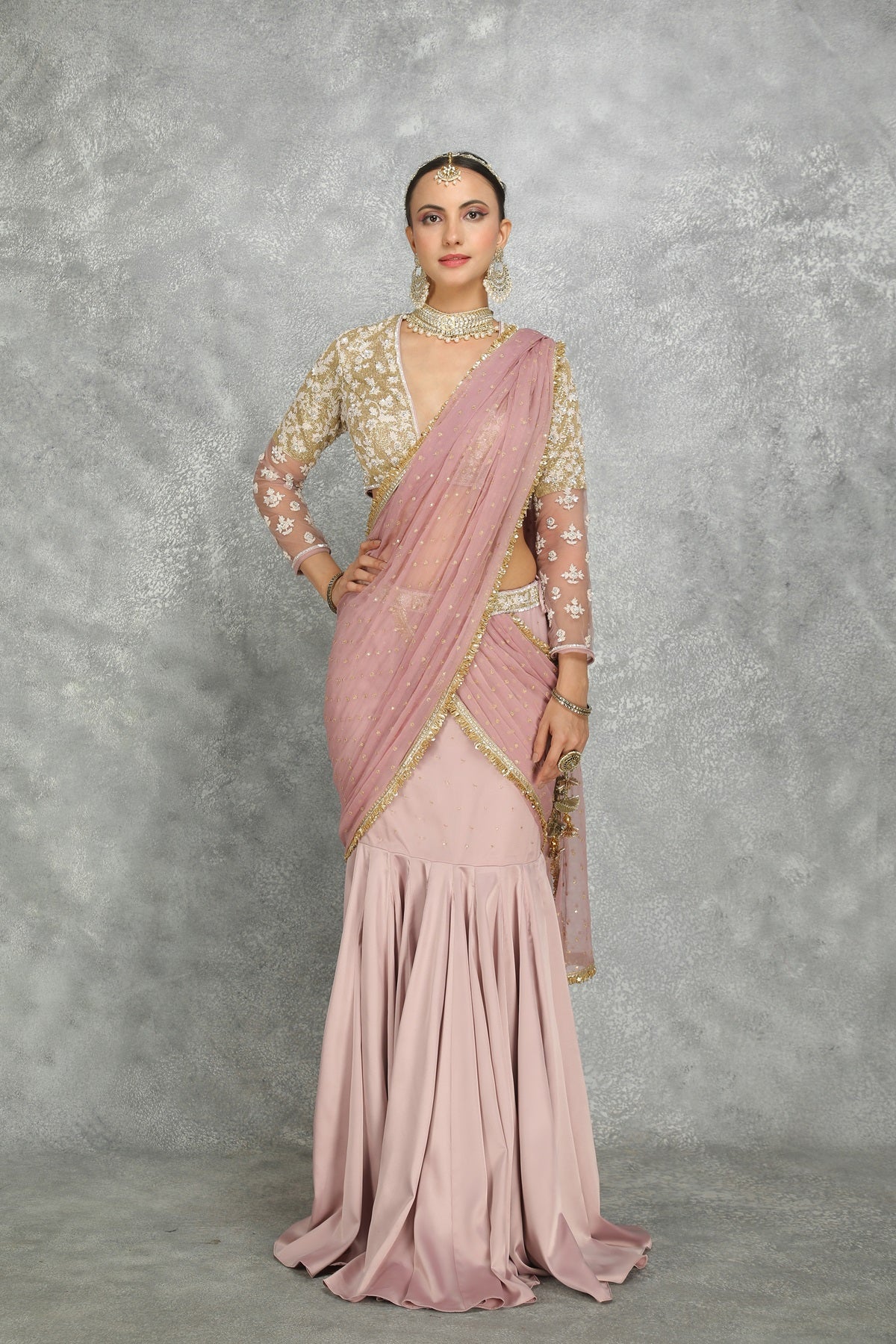 Purple Net & Chiffon Draped FIsh-Cut Skirt Saree Set