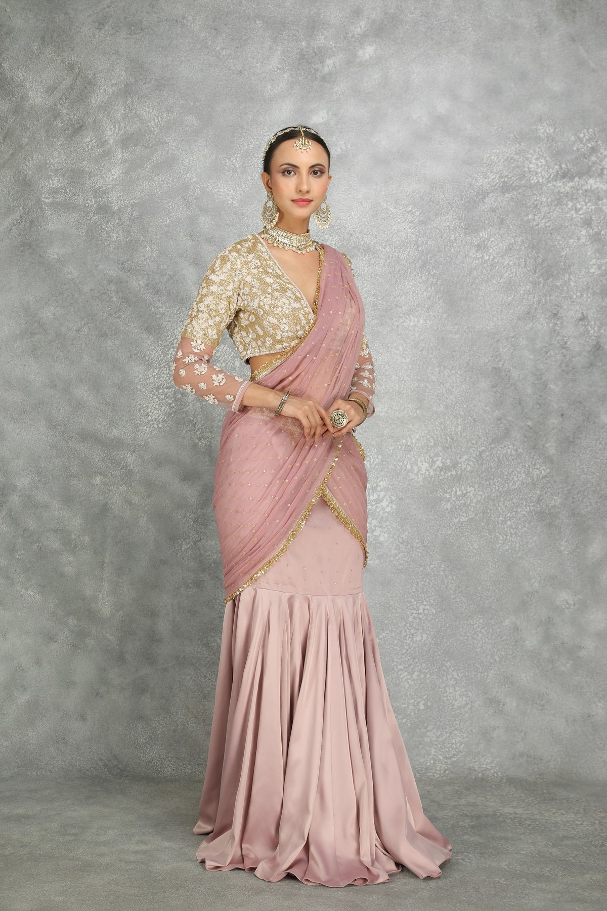 Purple Net & Chiffon Draped FIsh-Cut Skirt Saree Set