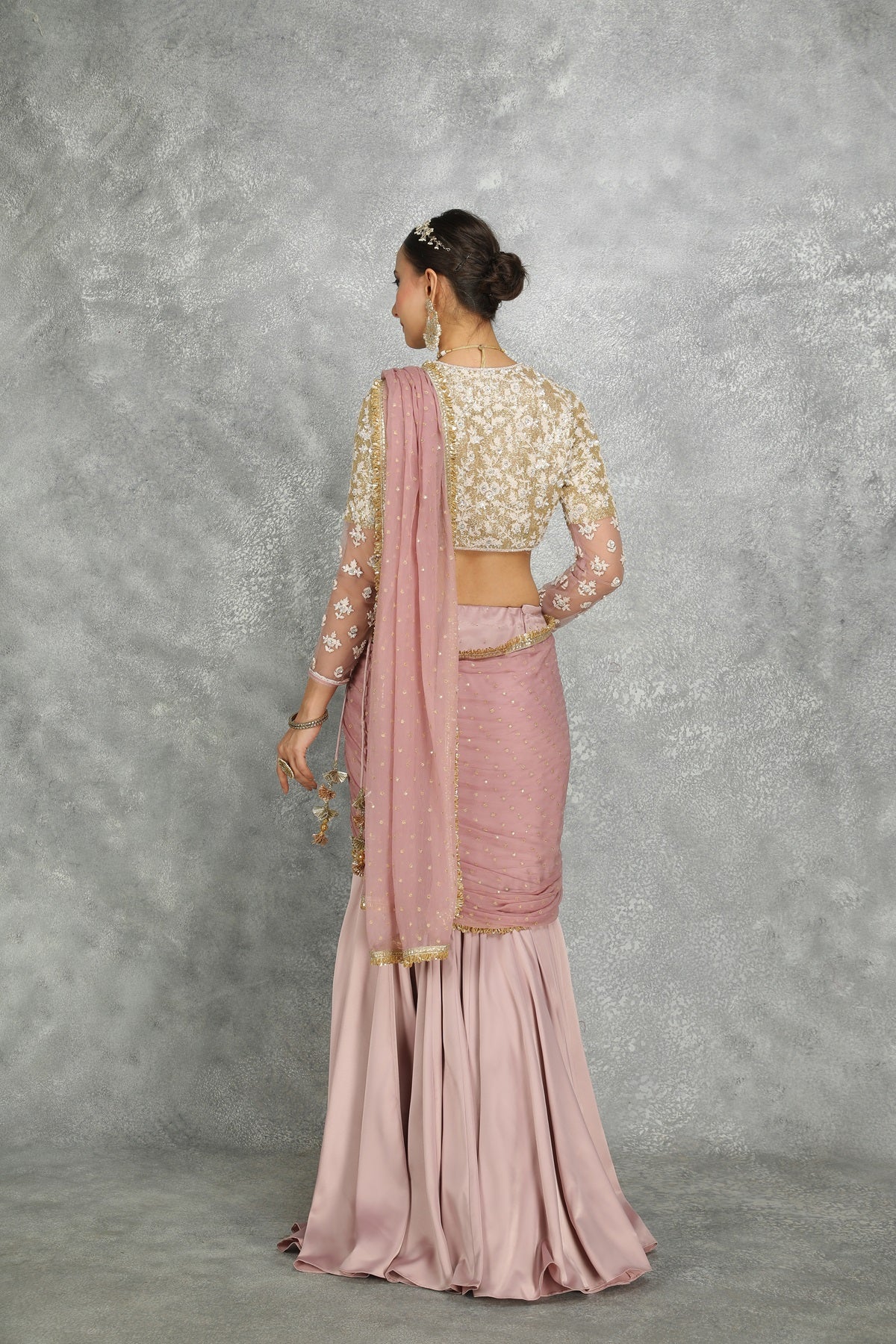 Purple Net & Chiffon Draped FIsh-Cut Skirt Saree Set