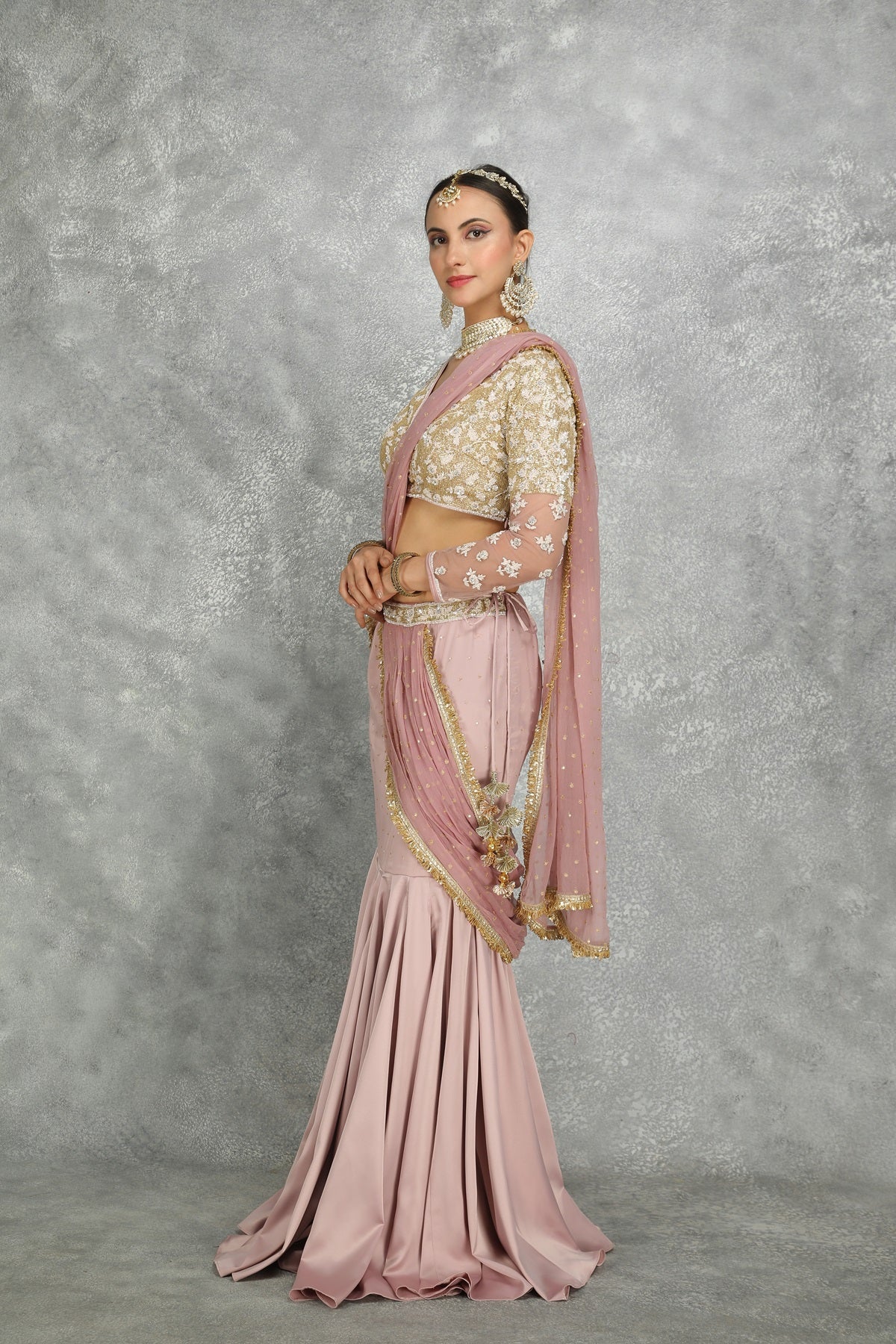 Purple Net & Chiffon Draped FIsh-Cut Skirt Saree Set