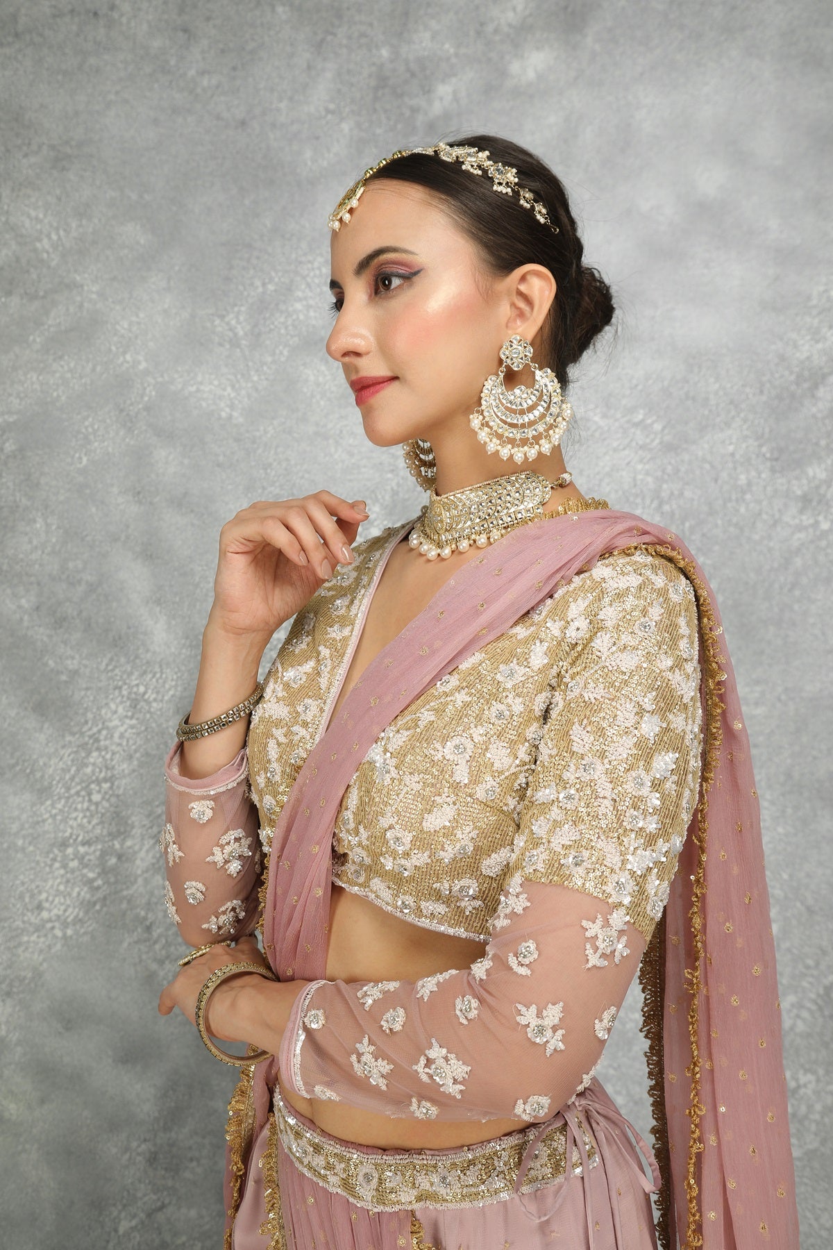 Purple Net & Chiffon Draped FIsh-Cut Skirt Saree Set