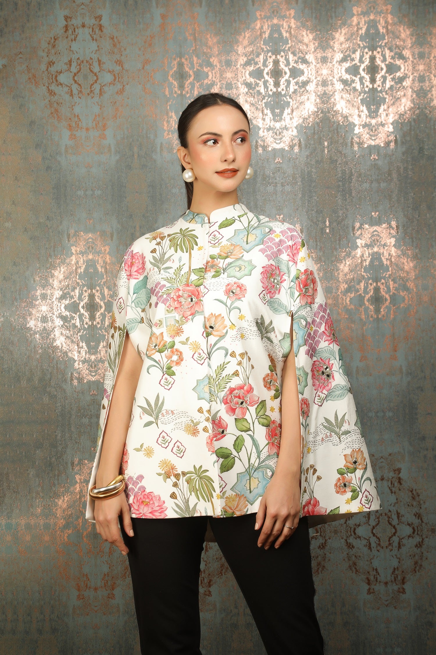 White Printed Mirror Work Cape