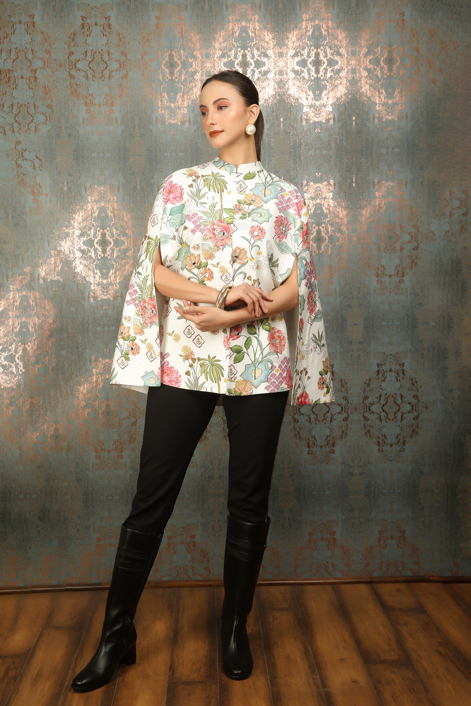 White Printed Mirror Work Cape