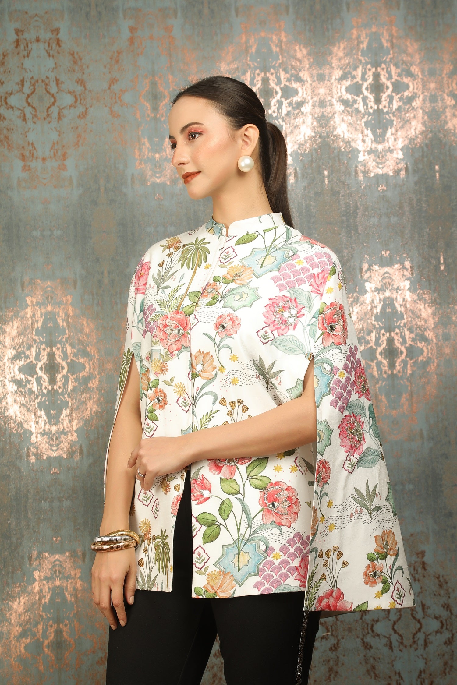 White Printed Mirror Work Cape