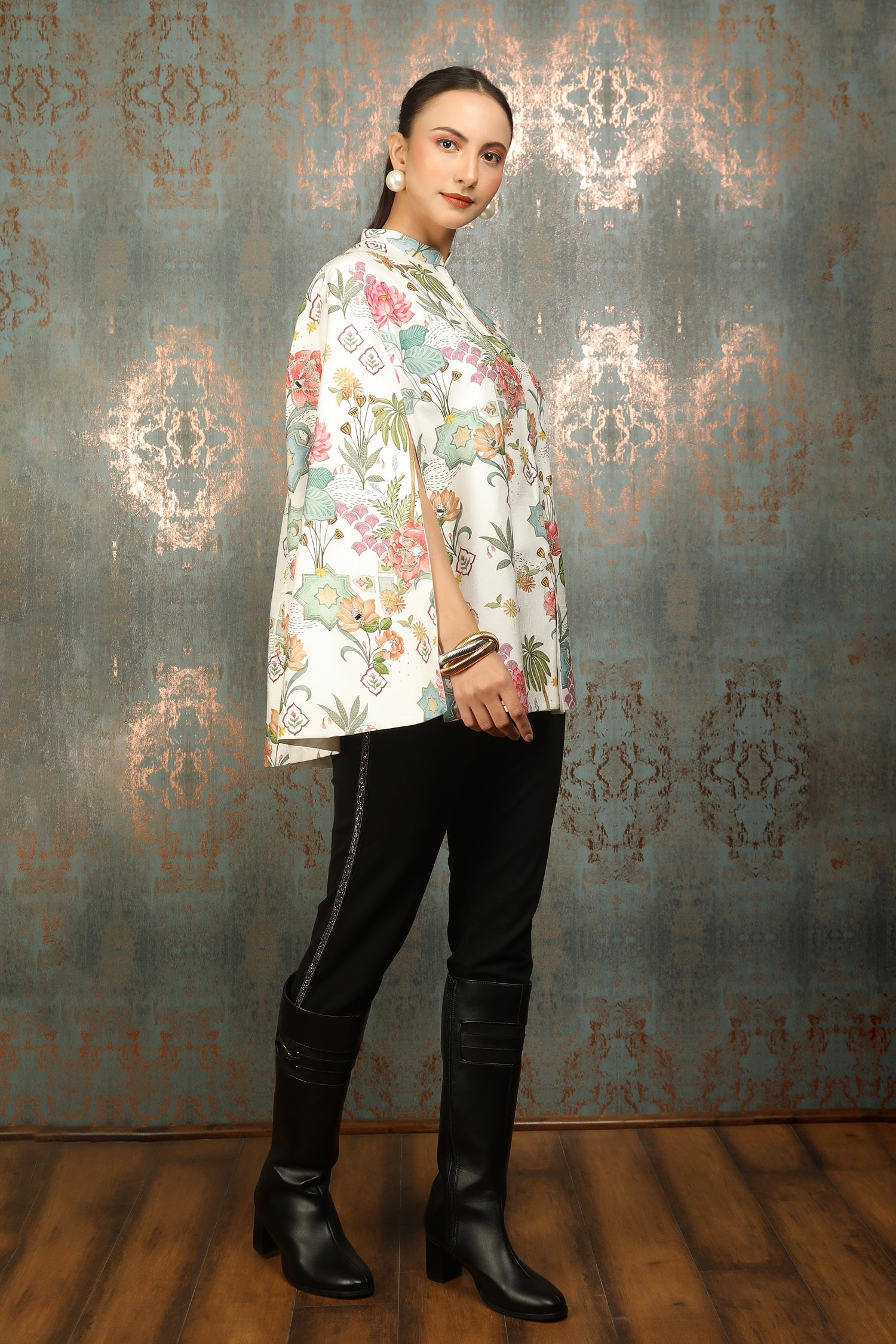 White Printed Mirror Work Cape