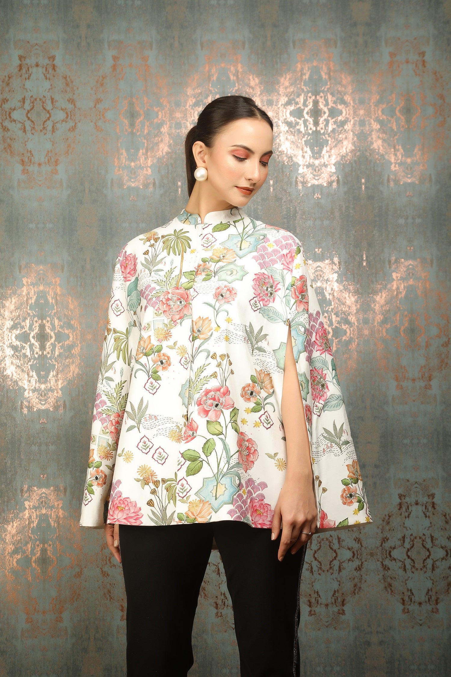 White Printed Mirror Work Cape