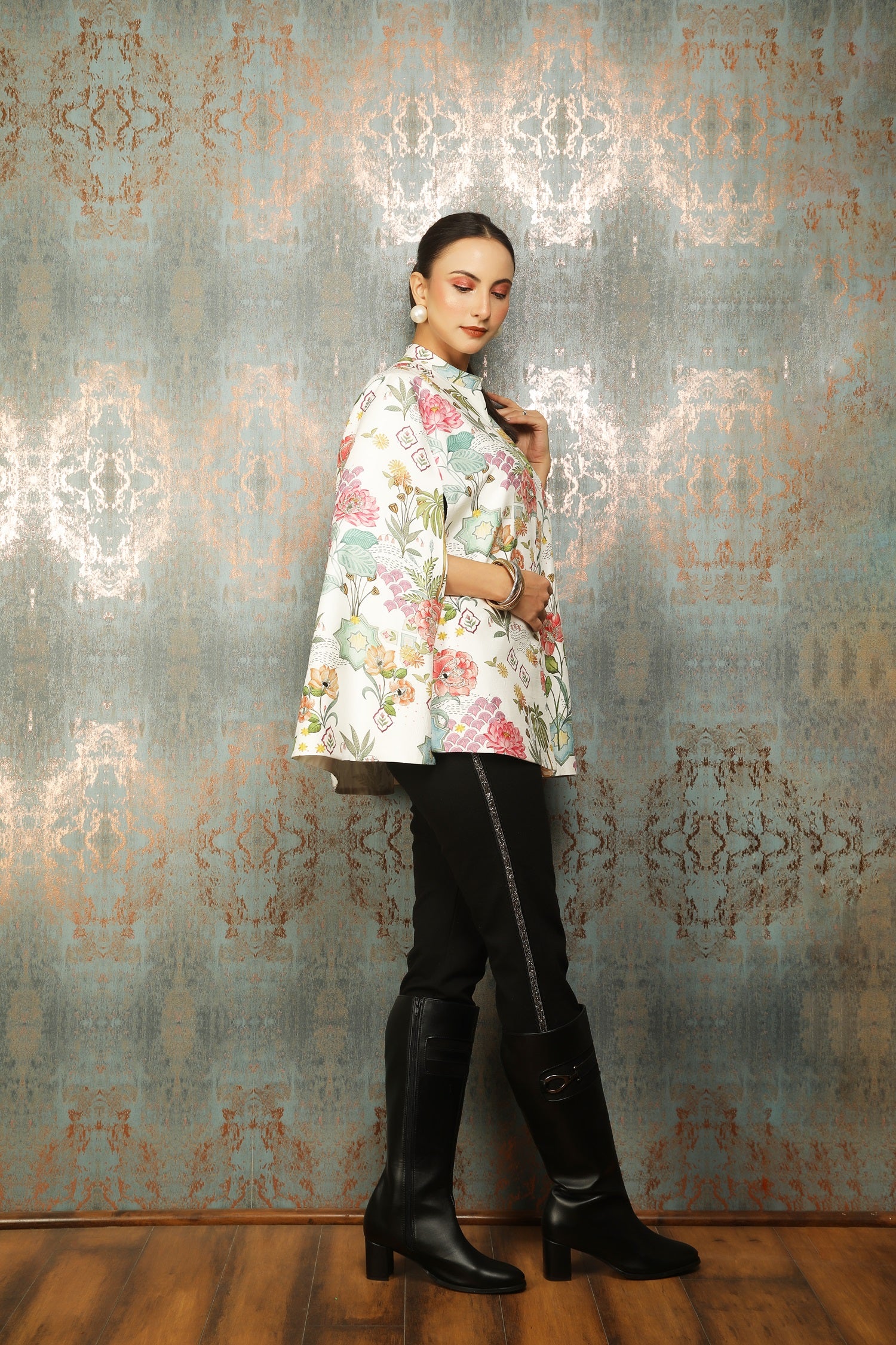 White Printed Mirror Work Cape