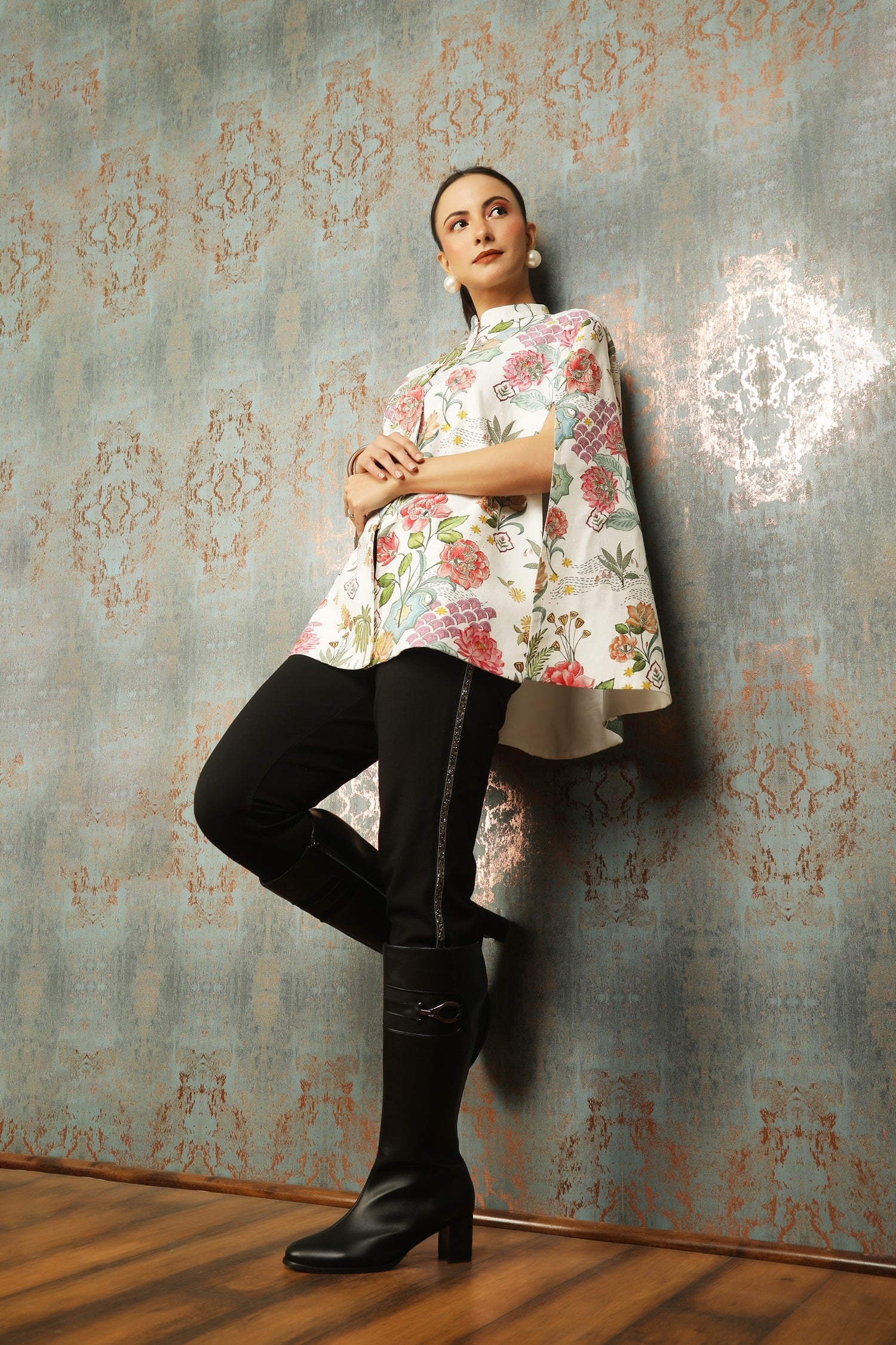 White Printed Mirror Work Cape