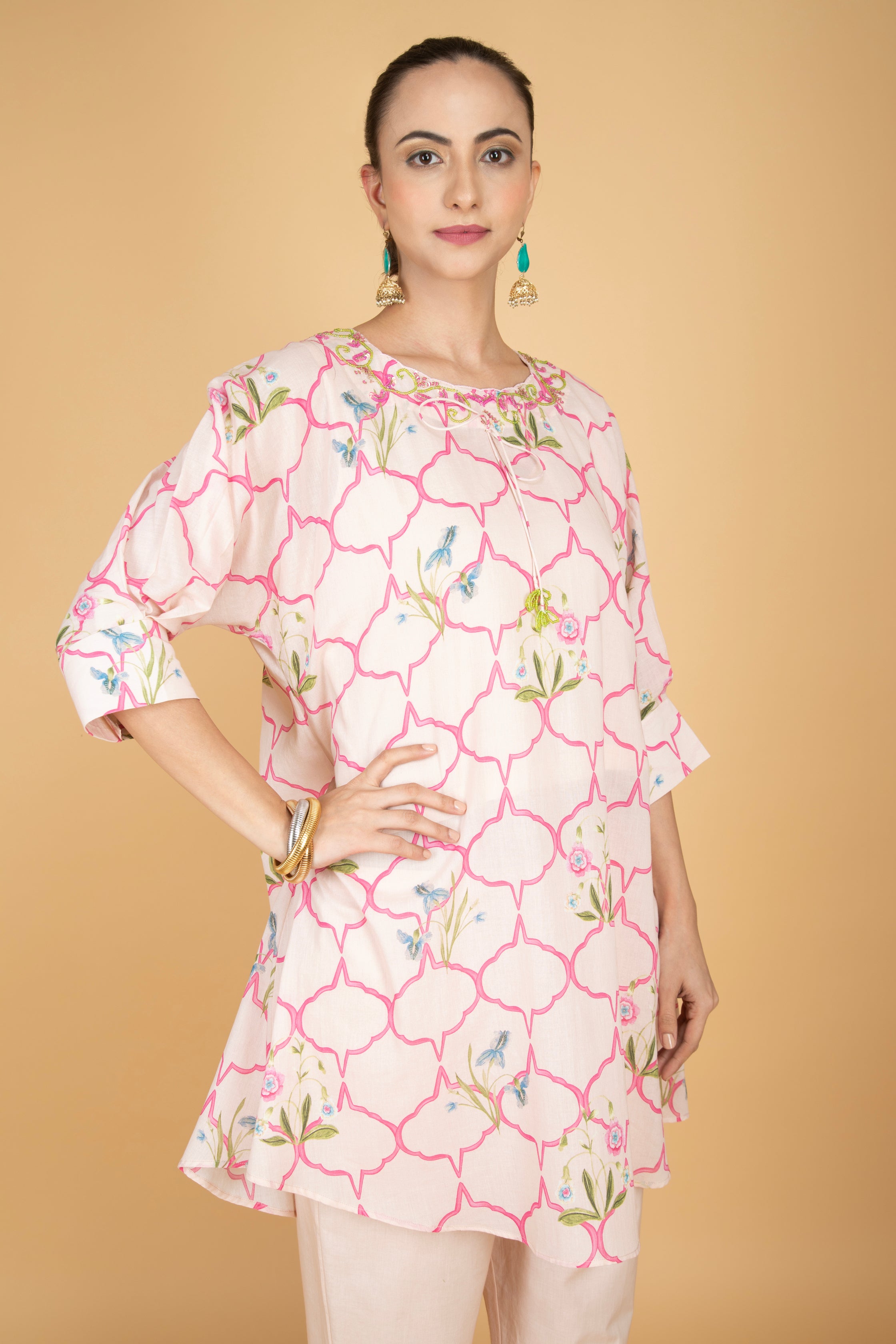 Nude Pink Embroidered Floral Print Short Kurta with Solid Pants