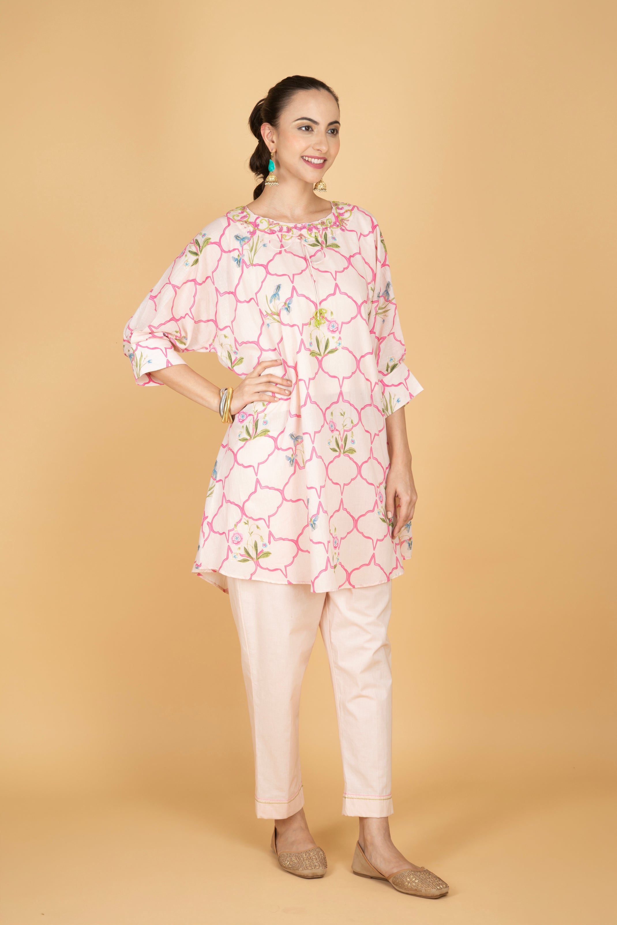 Nude Pink Embroidered Floral Print Short Kurta with Solid Pants