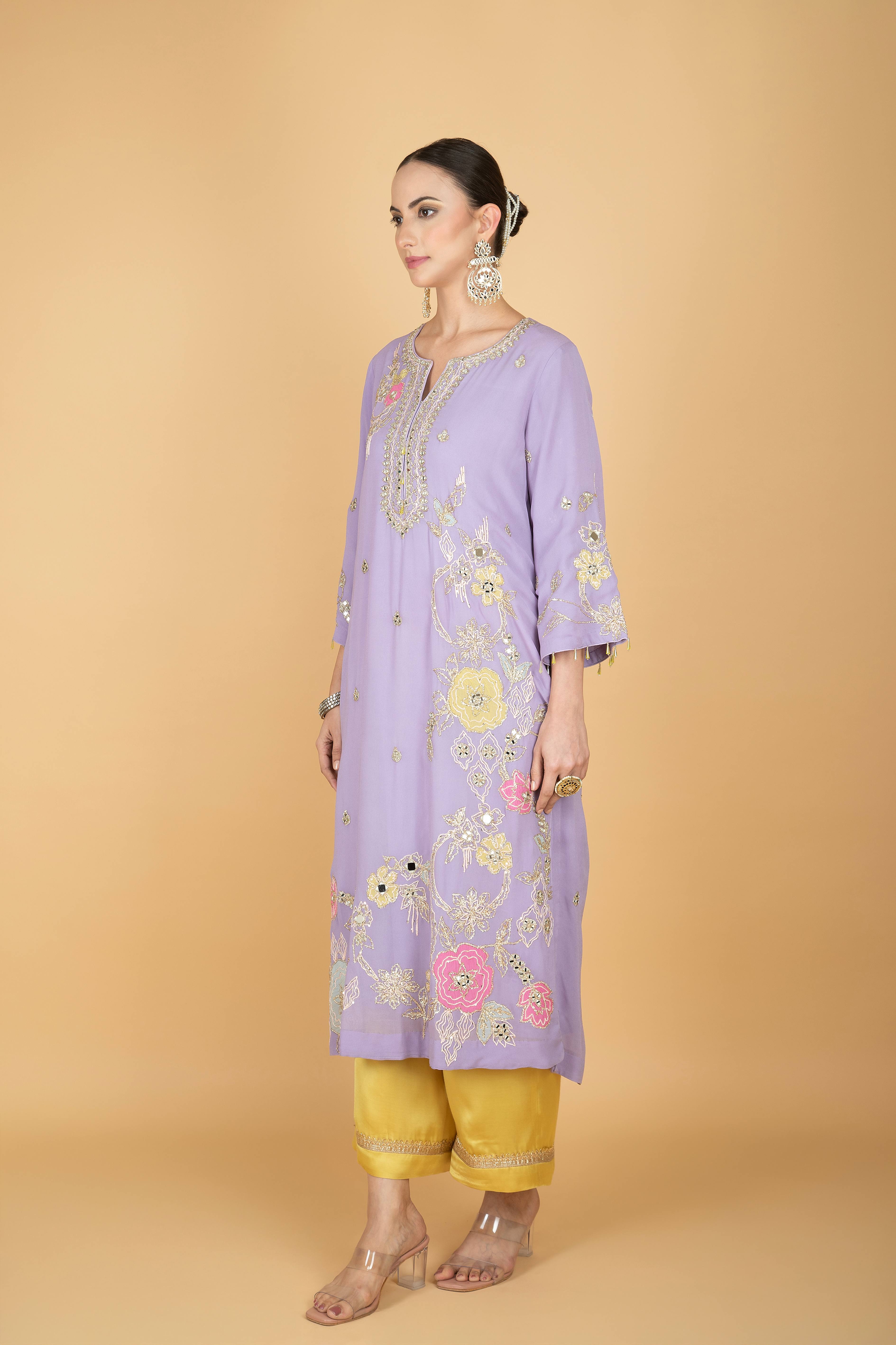 Purple Embroidered Kurta W/Contrasting Pant & Shaded Dupatta