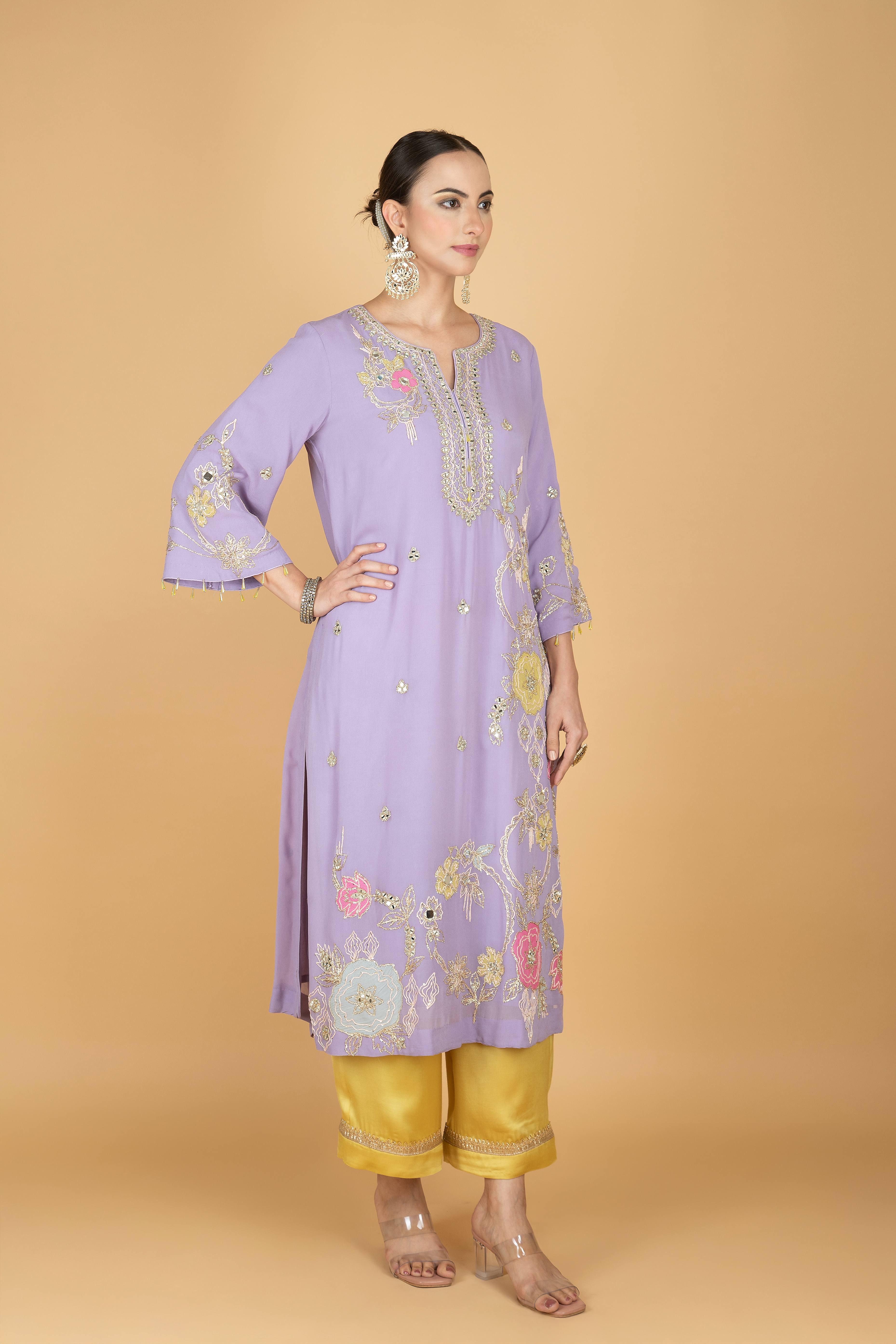 Purple Embroidered Kurta W/Contrasting Pant & Shaded Dupatta
