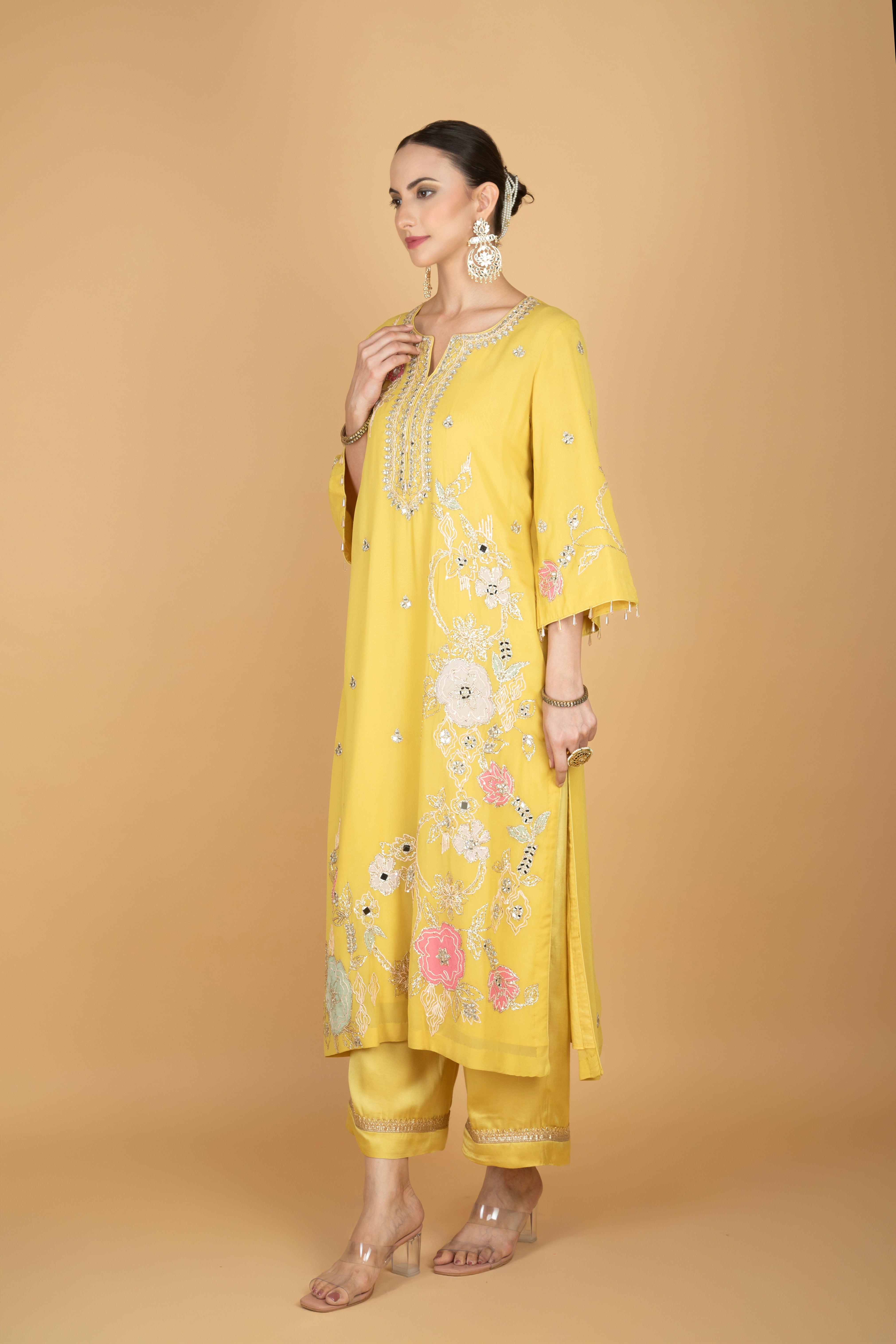Lime Yellow Embroidered Kurta W/Pant & Dupatta