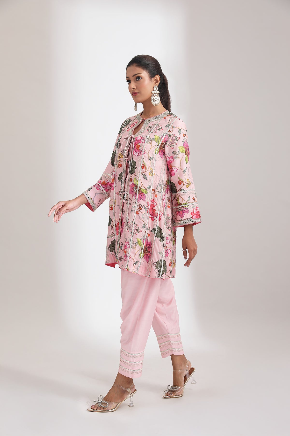 Pink Floral Printed Embroidered Angrakha with Solid Pants & Dupatta