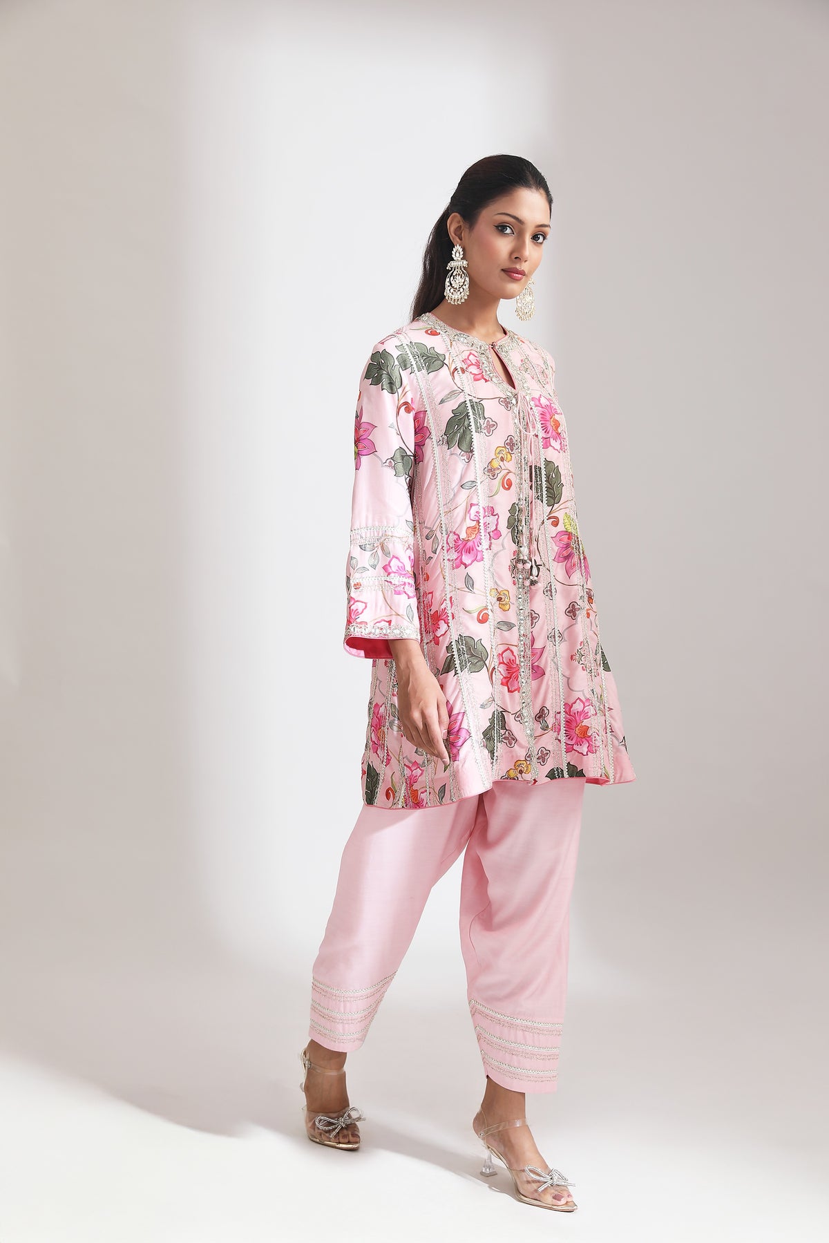 Pink Floral Printed Embroidered Angrakha with Solid Pants & Dupatta