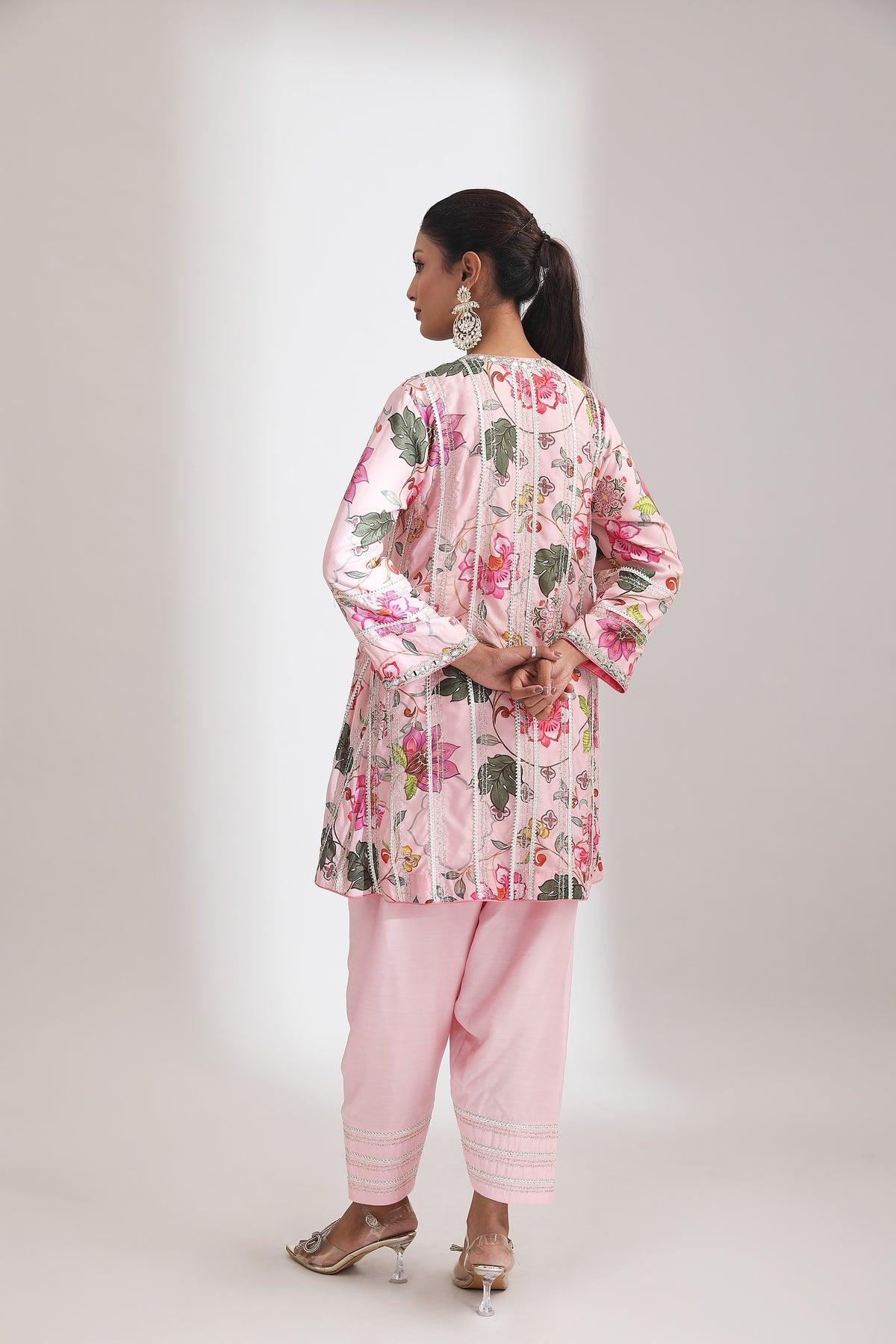 Pink Floral Printed Embroidered Angrakha with Solid Pants & Dupatta