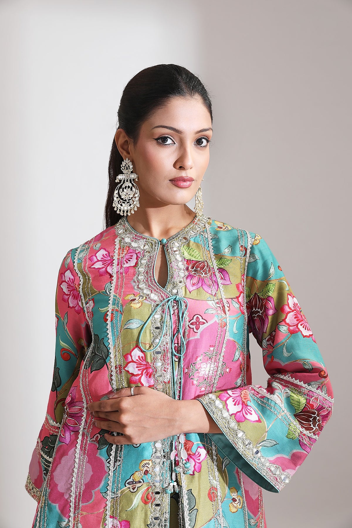 Multi-Color Floral Printed Embroidered Angrakha Paired with Solid Pants & Dupatta