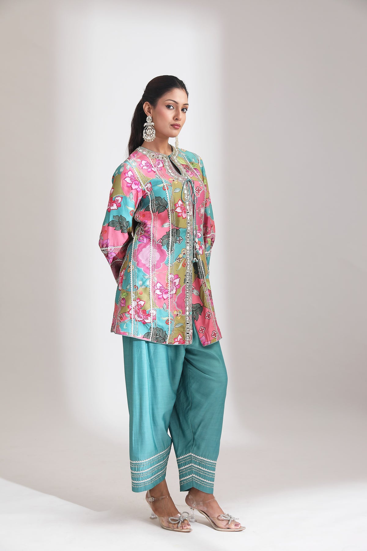 Multi-Color Floral Printed Embroidered Angrakha Paired with Solid Pants & Dupatta