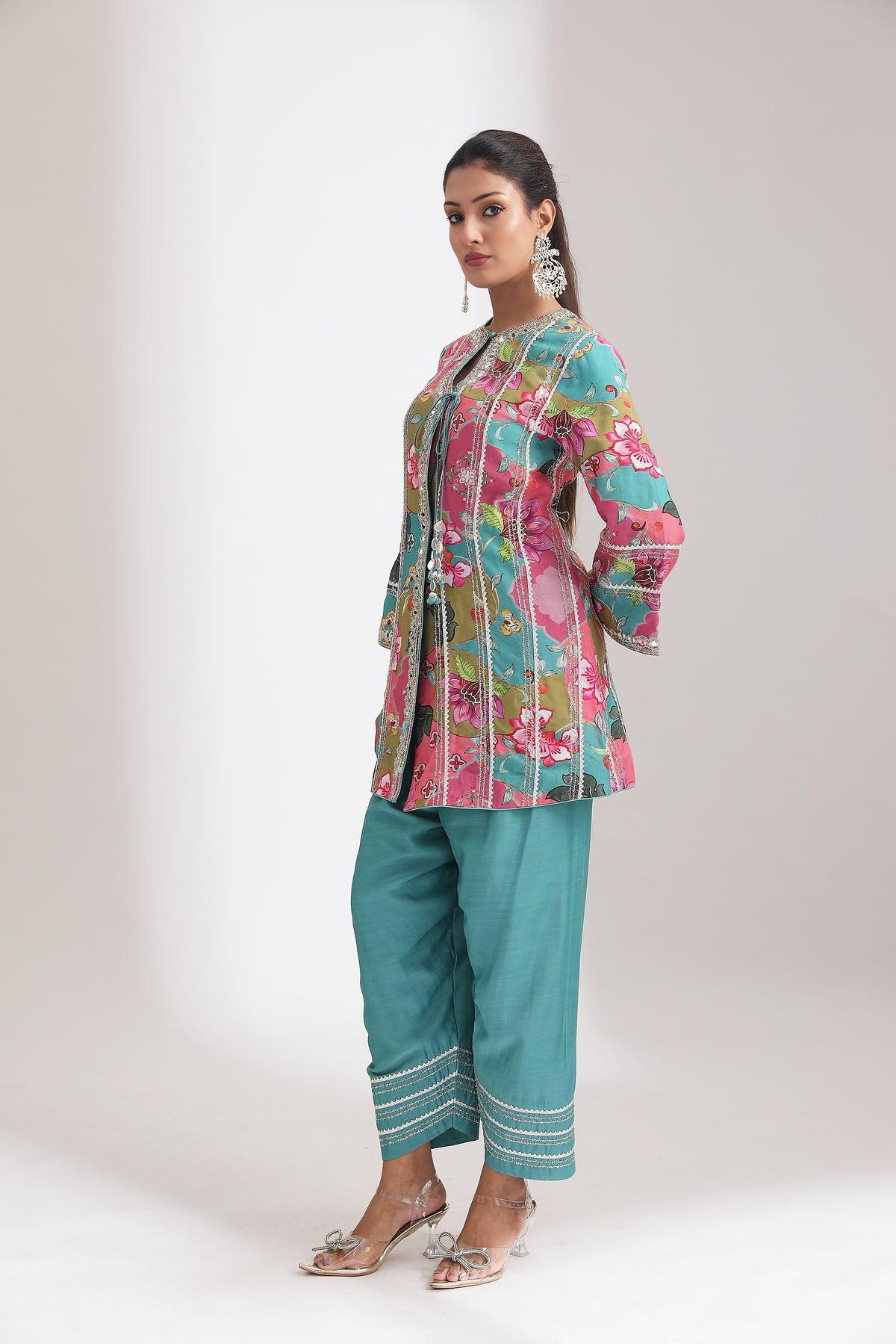Multi-Color Floral Printed Embroidered Angrakha Paired with Solid Pants & Dupatta