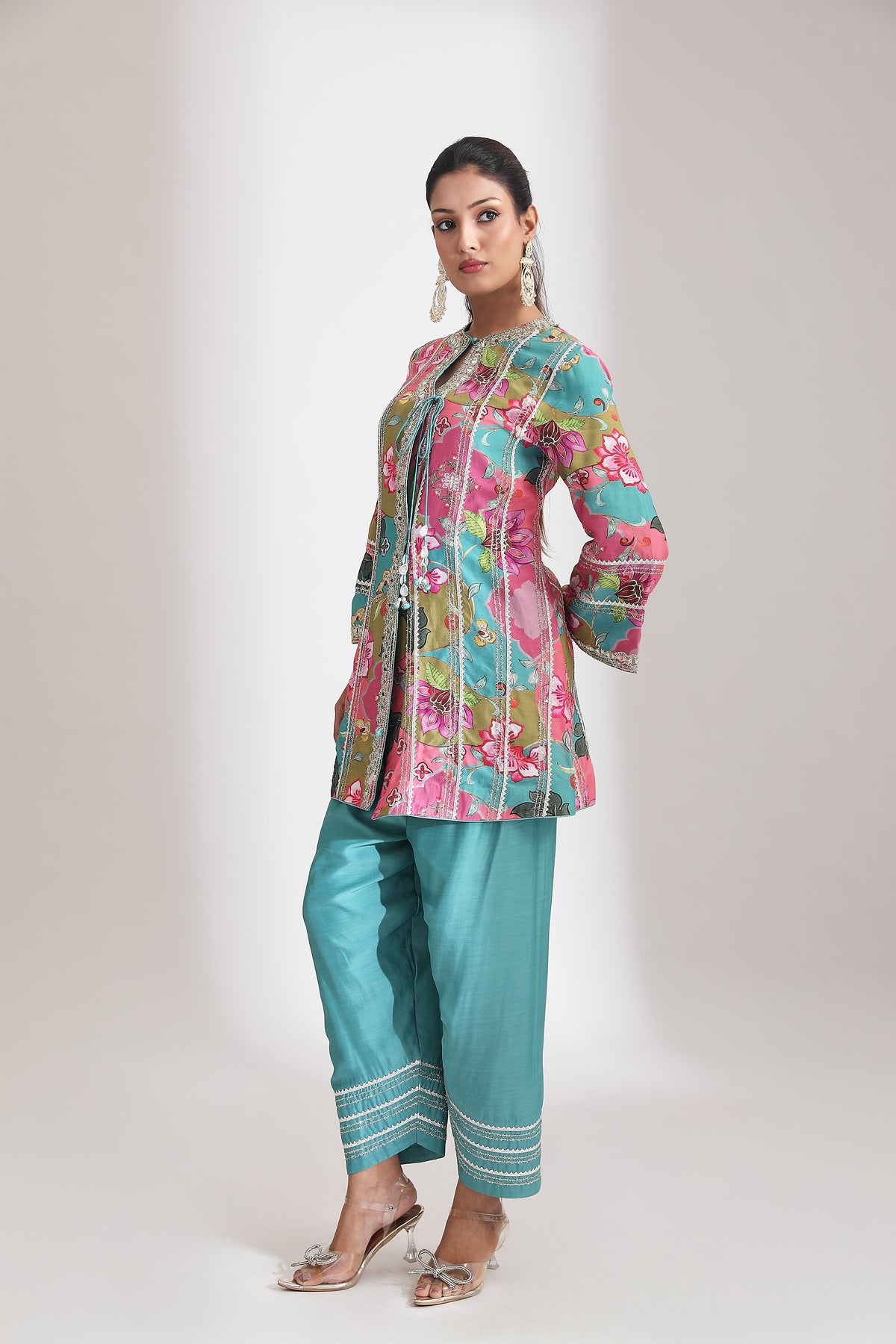 Multi-Color Floral Printed Embroidered Angrakha Paired with Solid Pants & Dupatta