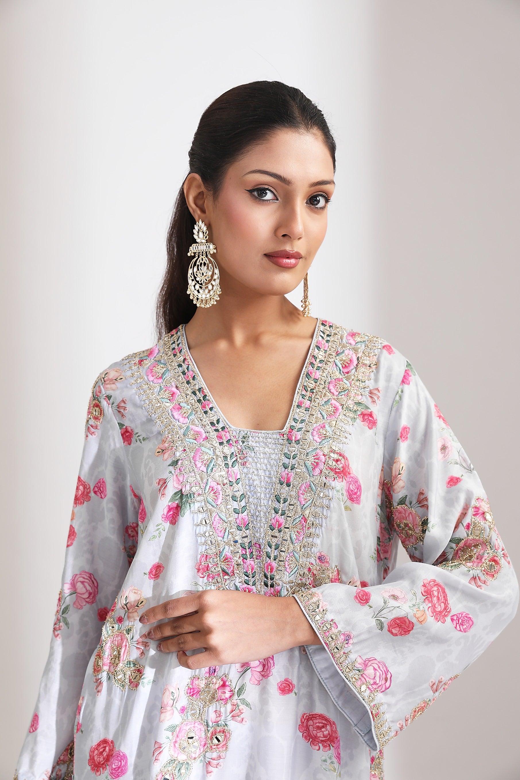 Blue Embroidered Floral Printed Kurta Set