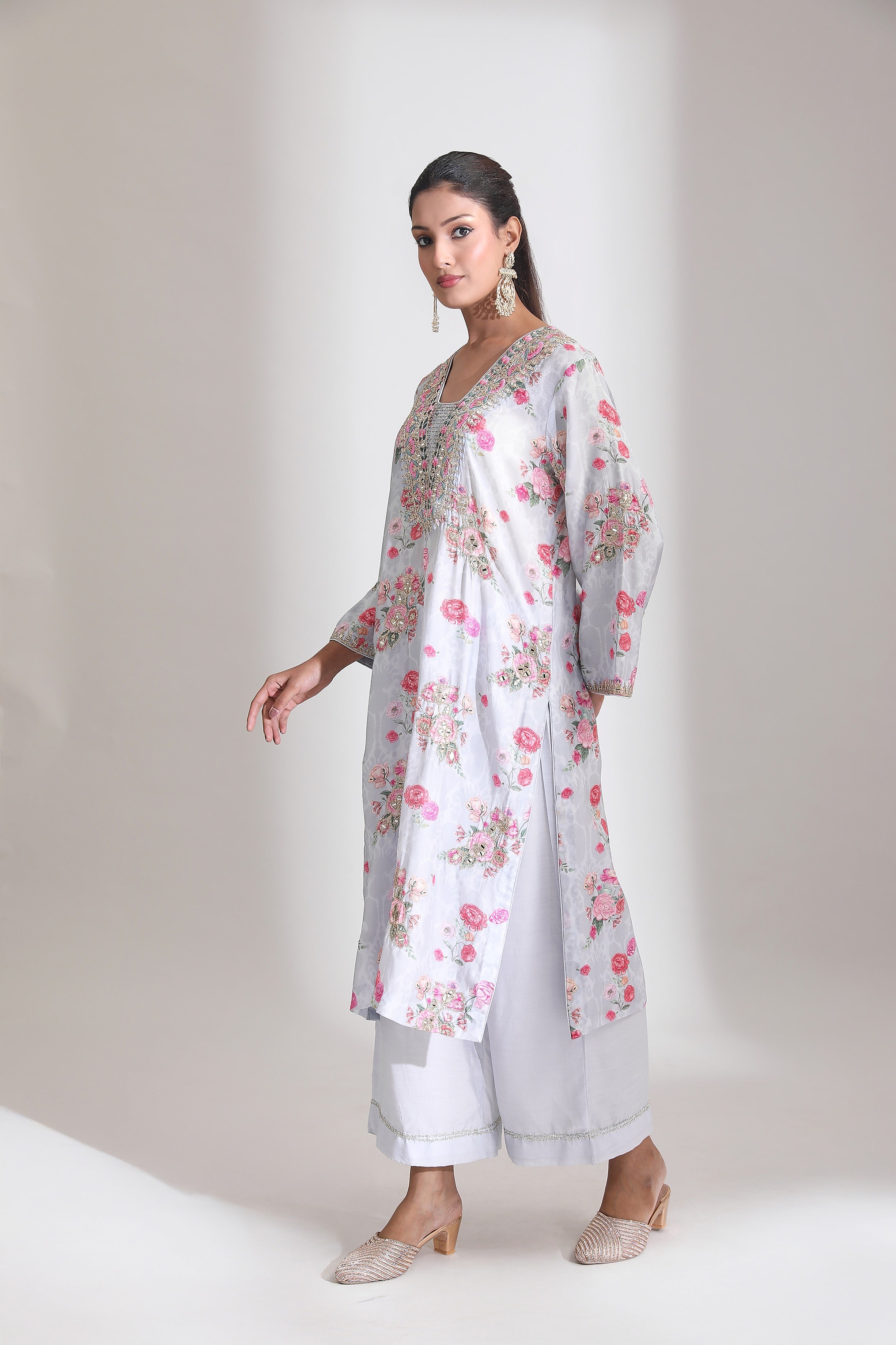 Blue Embroidered Floral Printed Kurta Set