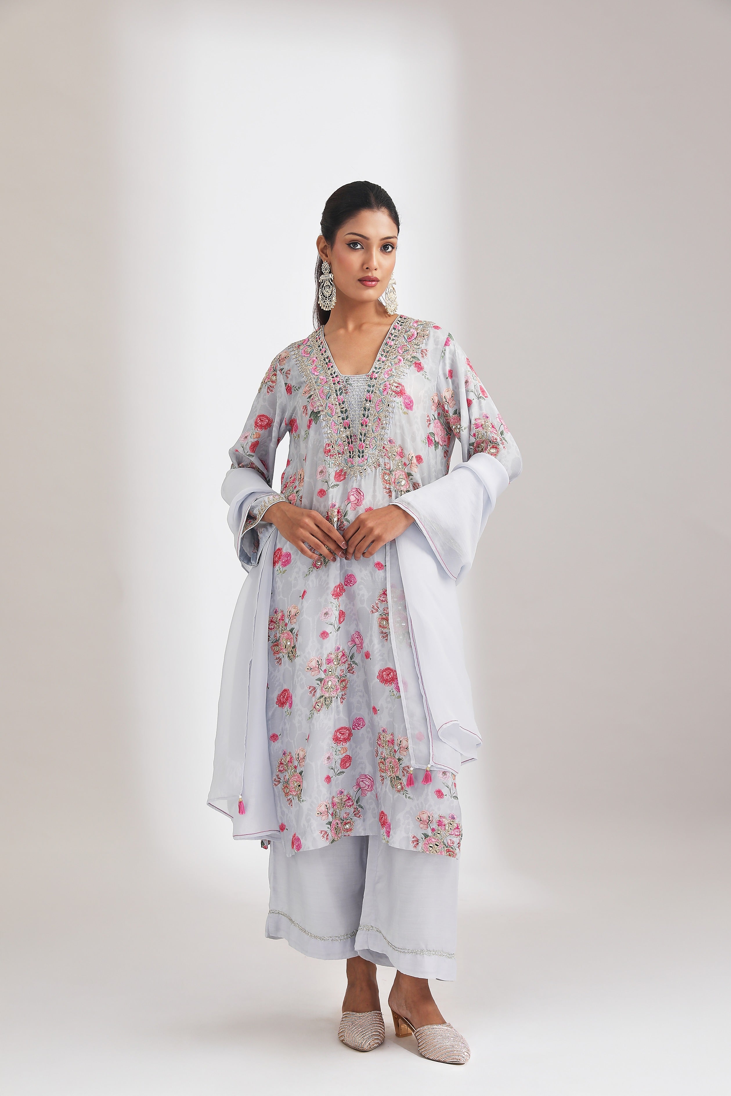 Blue Embroidered Floral Printed Kurta Set