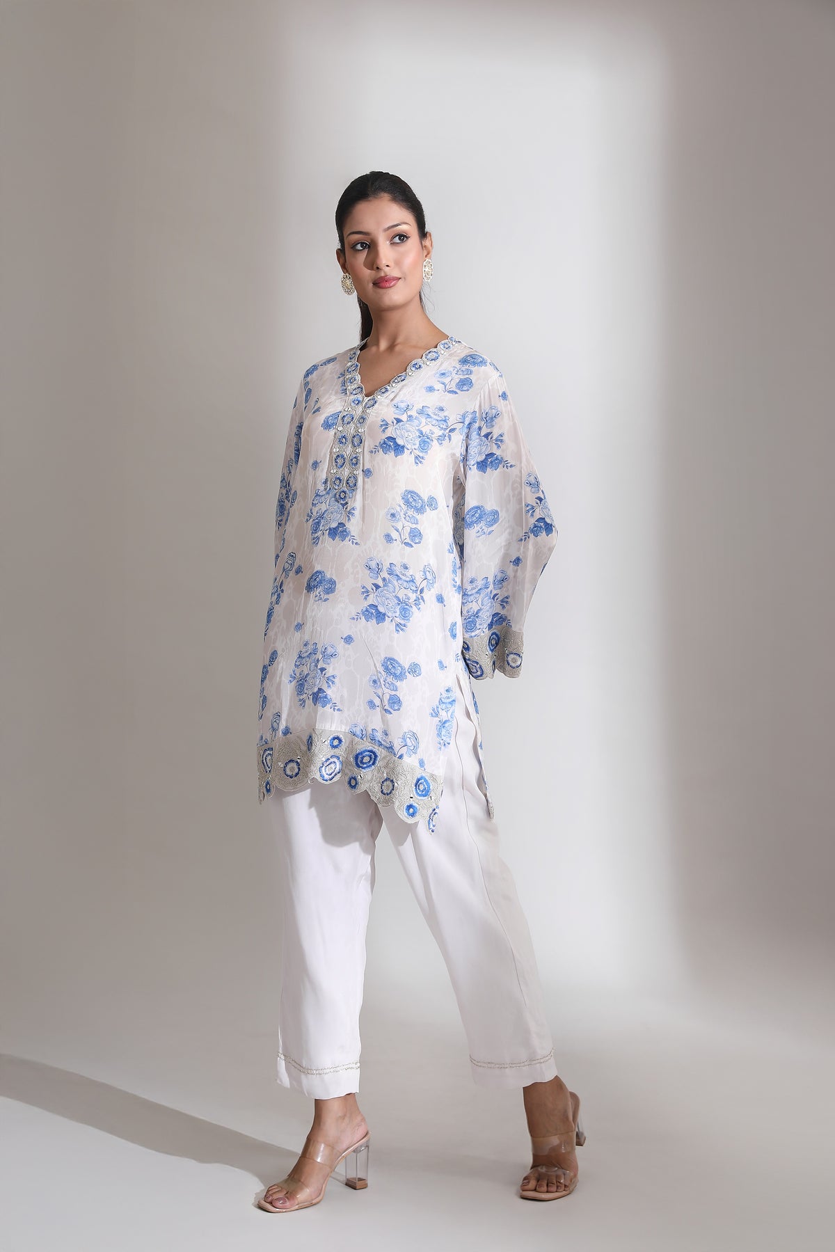 Blue White Floral Printed Kurta with Pant & Dupatta Set