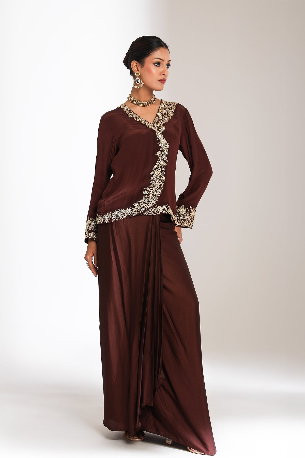 Brown Embroidered Cross Jacket Drape Skirt Set
