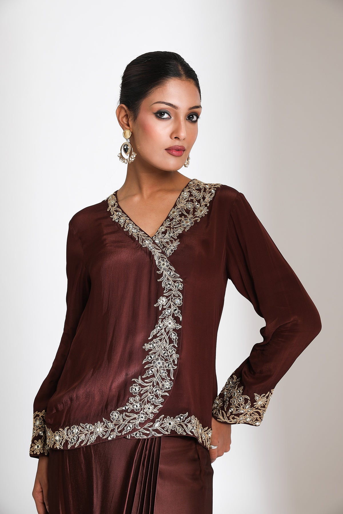 Brown Embroidered Cross Jacket Drape Skirt Set