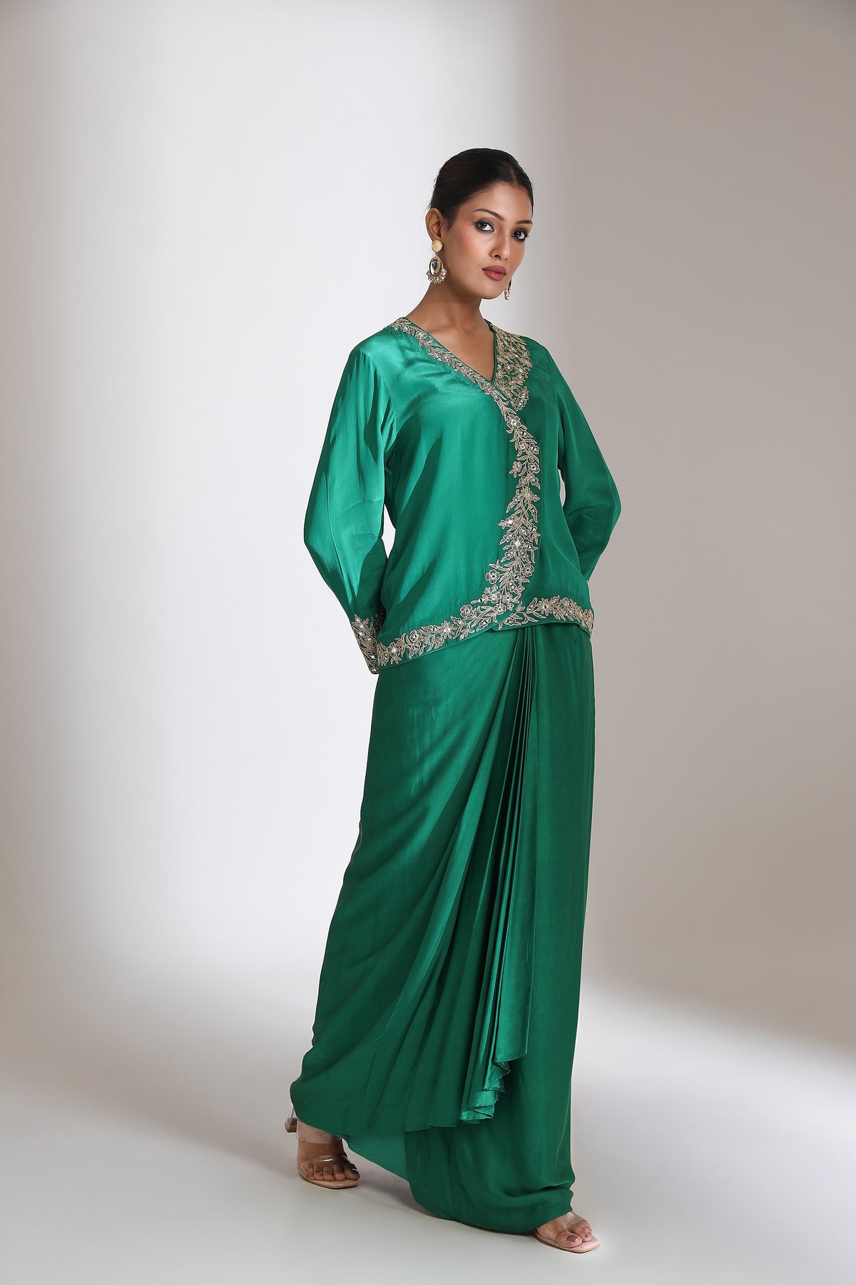 Emerald Green Embroidered Cross Jacket Drape Skirt Set