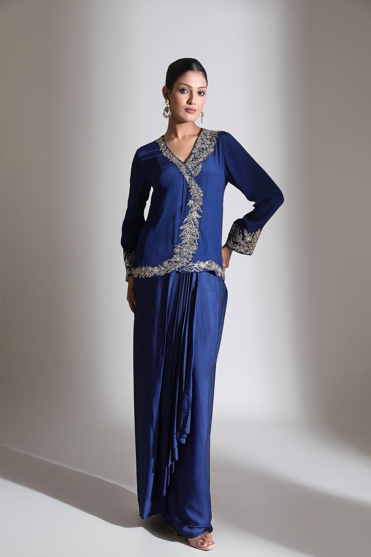 Blue Embroidered Cross Jacket Drape Skirt Set