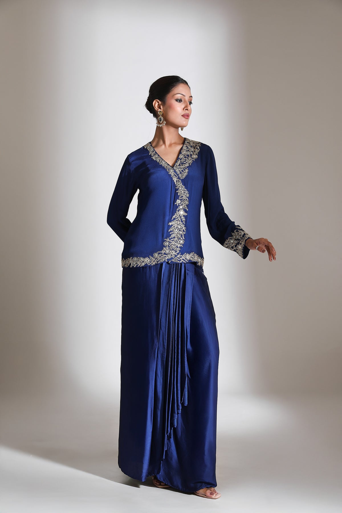 Blue Embroidered Cross Jacket Drape Skirt Set