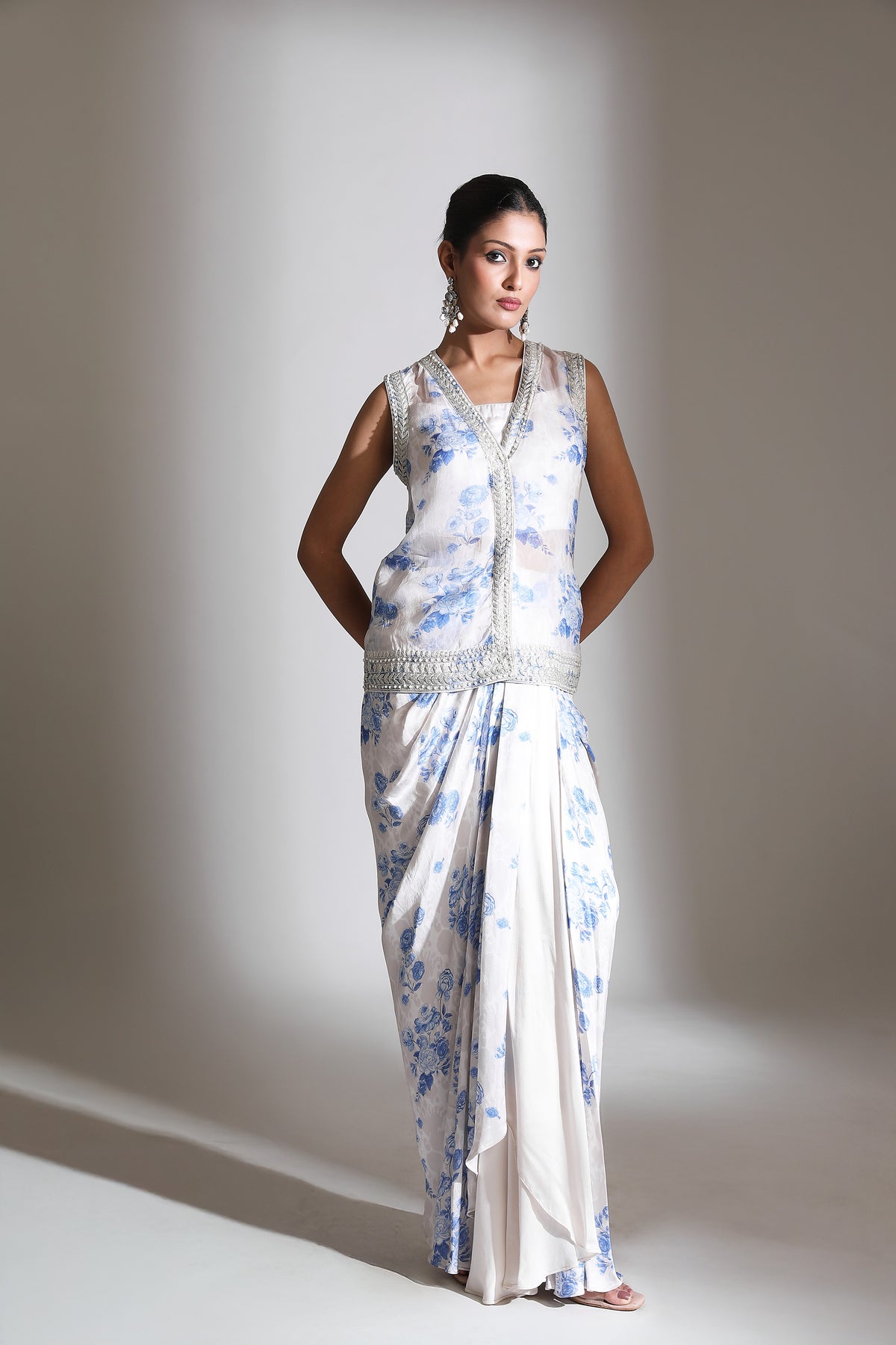 Blue White Floral Printed Jacket with Drape Skirt