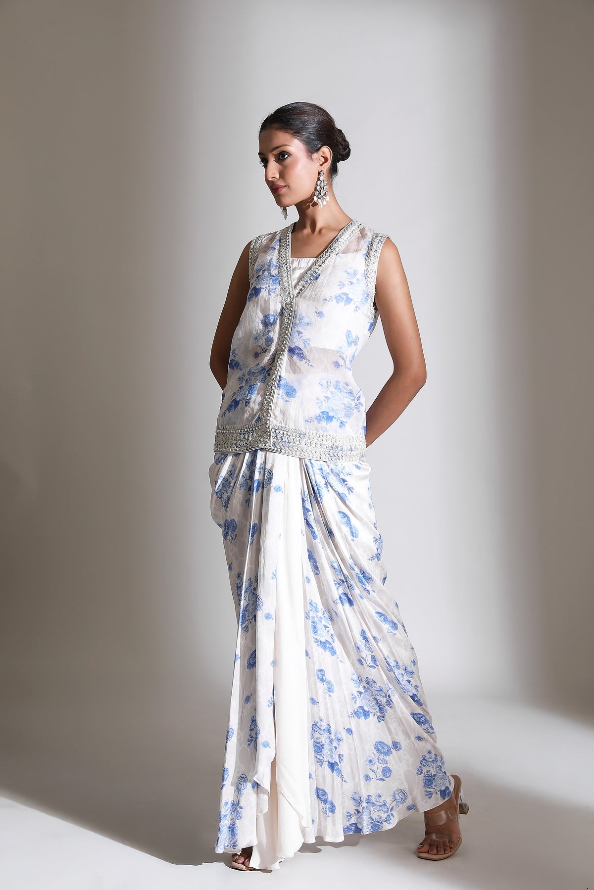 Blue White Floral Printed Jacket with Drape Skirt