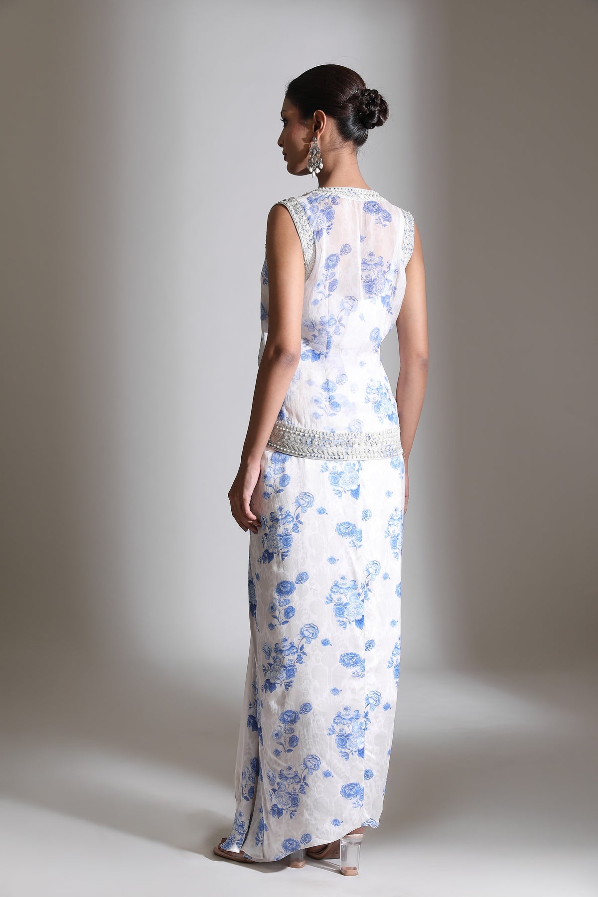 Blue White Floral Printed Jacket with Drape Skirt