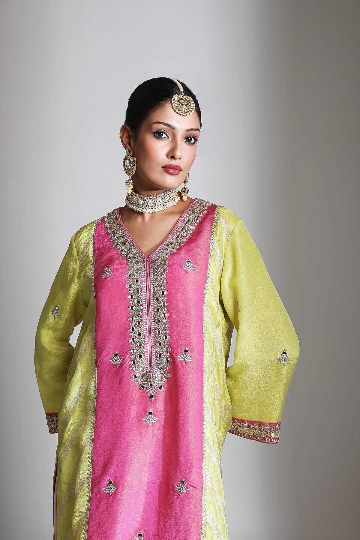 Lime Green/ Pink Mirror Embroidered Kurta Set of 3